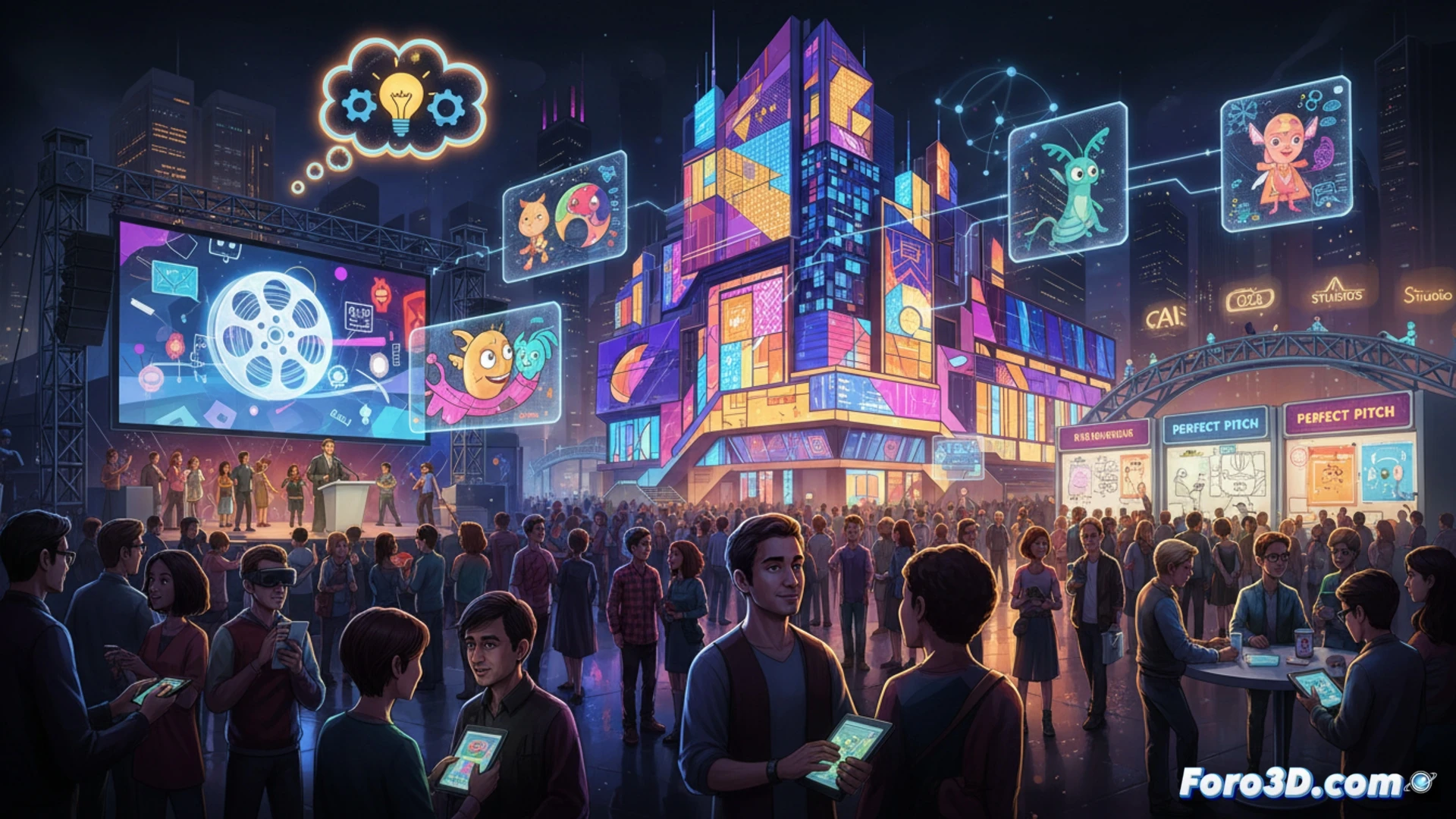 Una multitud diversa en un auditorio moderno, observando atentamente una proyección de animación.