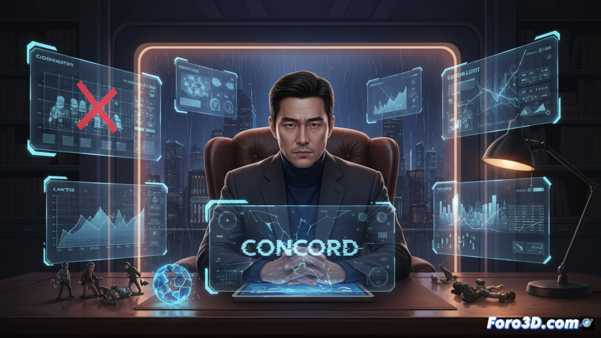 Un hombre reflexiona frente a logos de videojuegos fallidos en una pantalla.