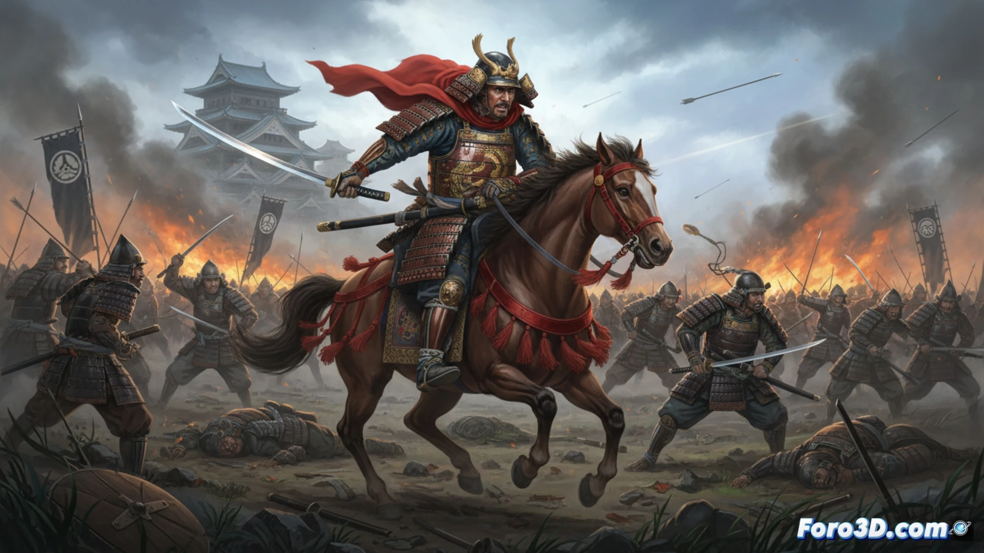 Un samurái observa un campo de batalla humeante, con banderas del Norte y Sur ondeando entre el caos.