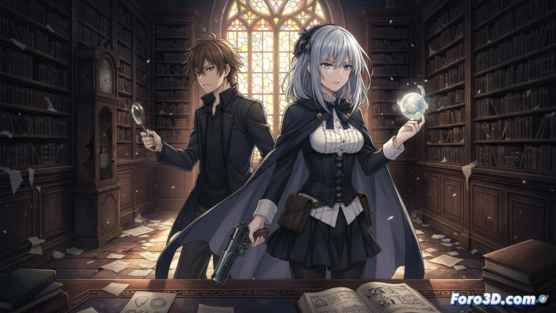 Una chica de pelo blanco y traje elegante, junto a un chico, observan un misterioso mensaje en una Nintendo Switch, con el logo de TAITO y el anime de fondo.