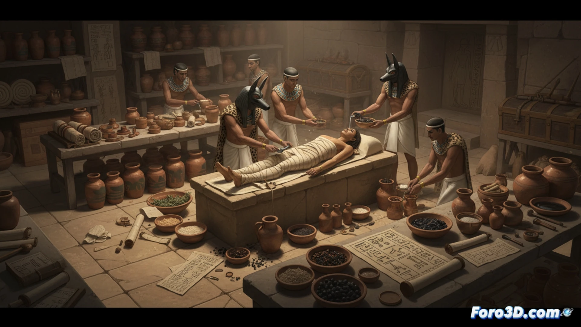 Un taller de momificación con vasijas etiquetadas y restos de resinas, aceites y ungüentos para preservar cuerpos.