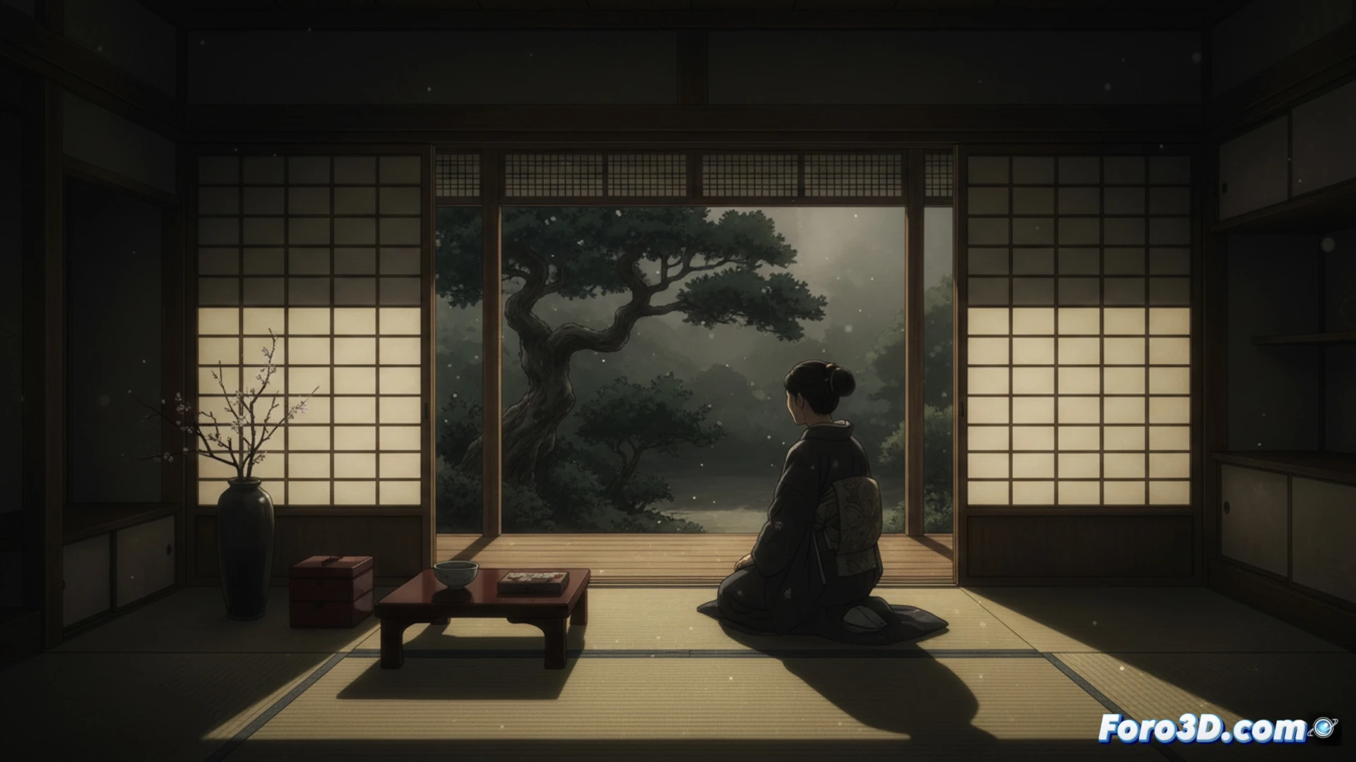 Una pantalla digital muestra un texto de Tanizaki, su luz ilumina tenuemente un objeto tradicional de laca negra en la penumbra.