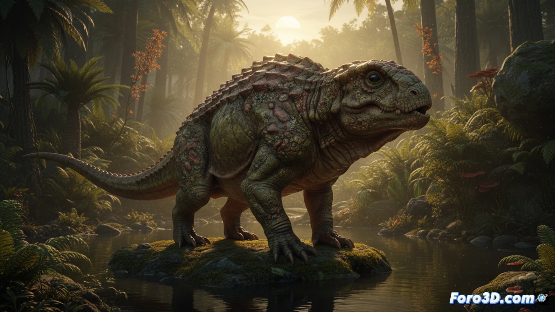 Reconstrucción 3D de Tanyka amnicola, mostrando su cráneo único y mandíbula con dientes laterales.