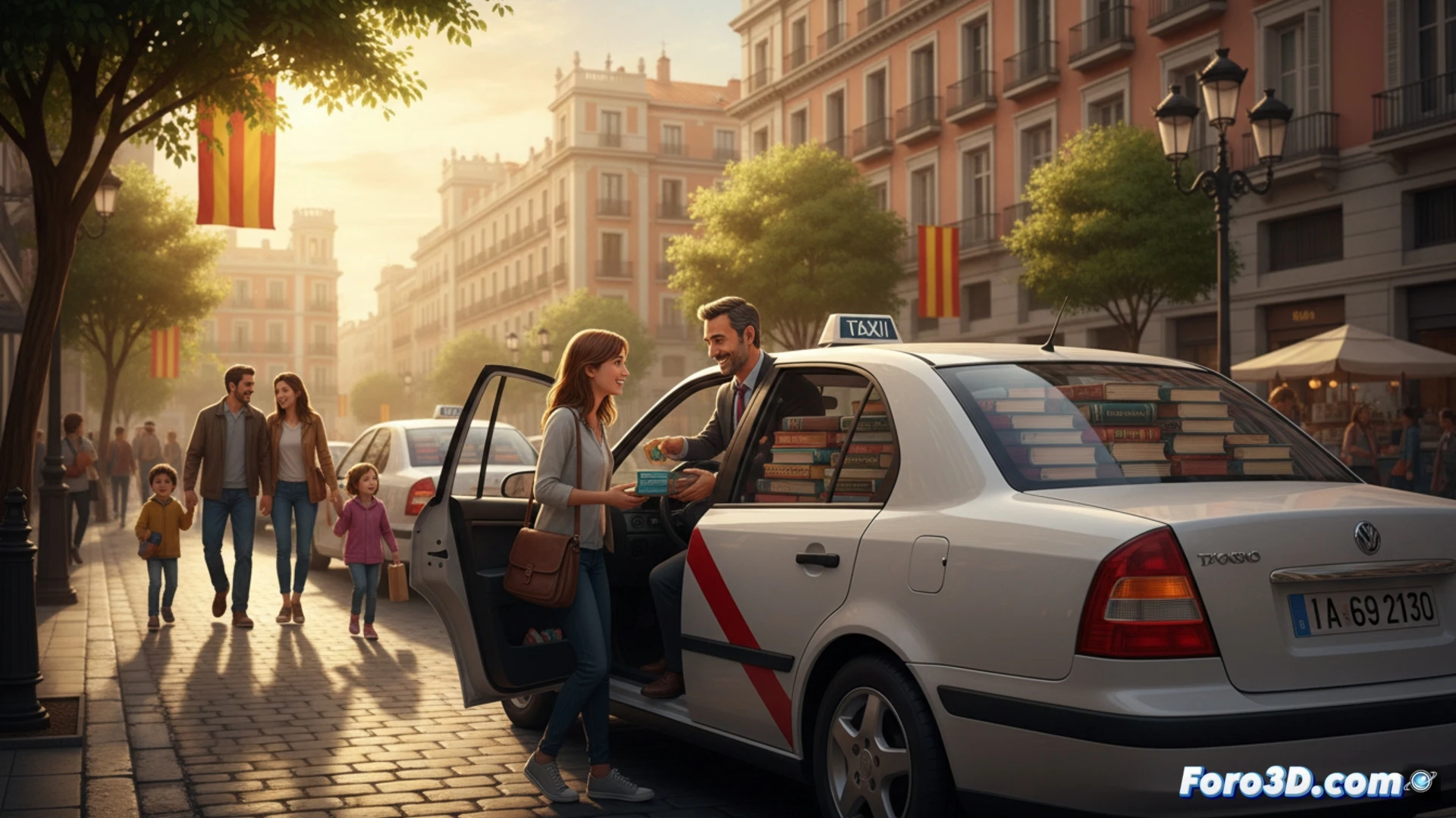 Un taxista entrega un libro a una pasajera en el asiento trasero de un taxi, con más ejemplares visibles en el asiento del copiloto.