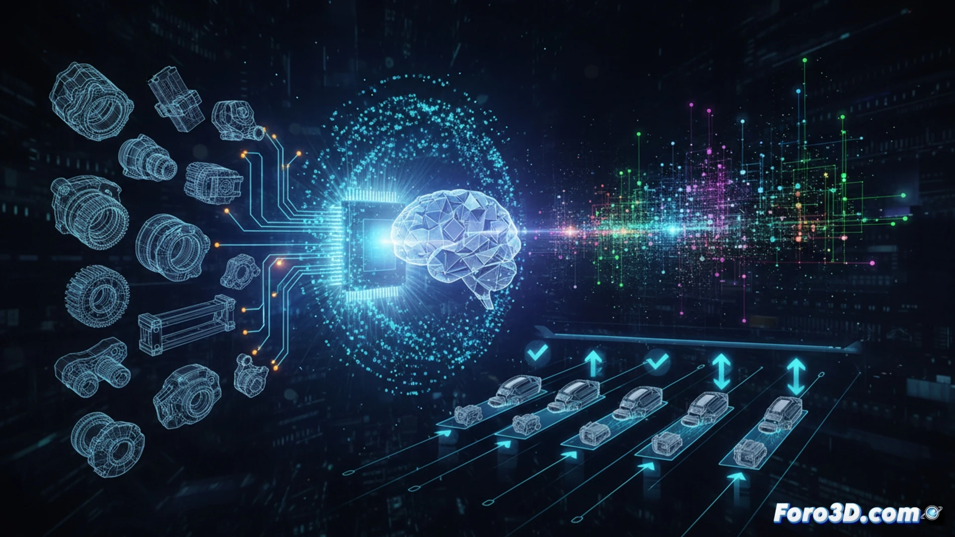 Una interfaz 3D muestra un modelo CAD complejo siendo analizado por una red neuronal digital.