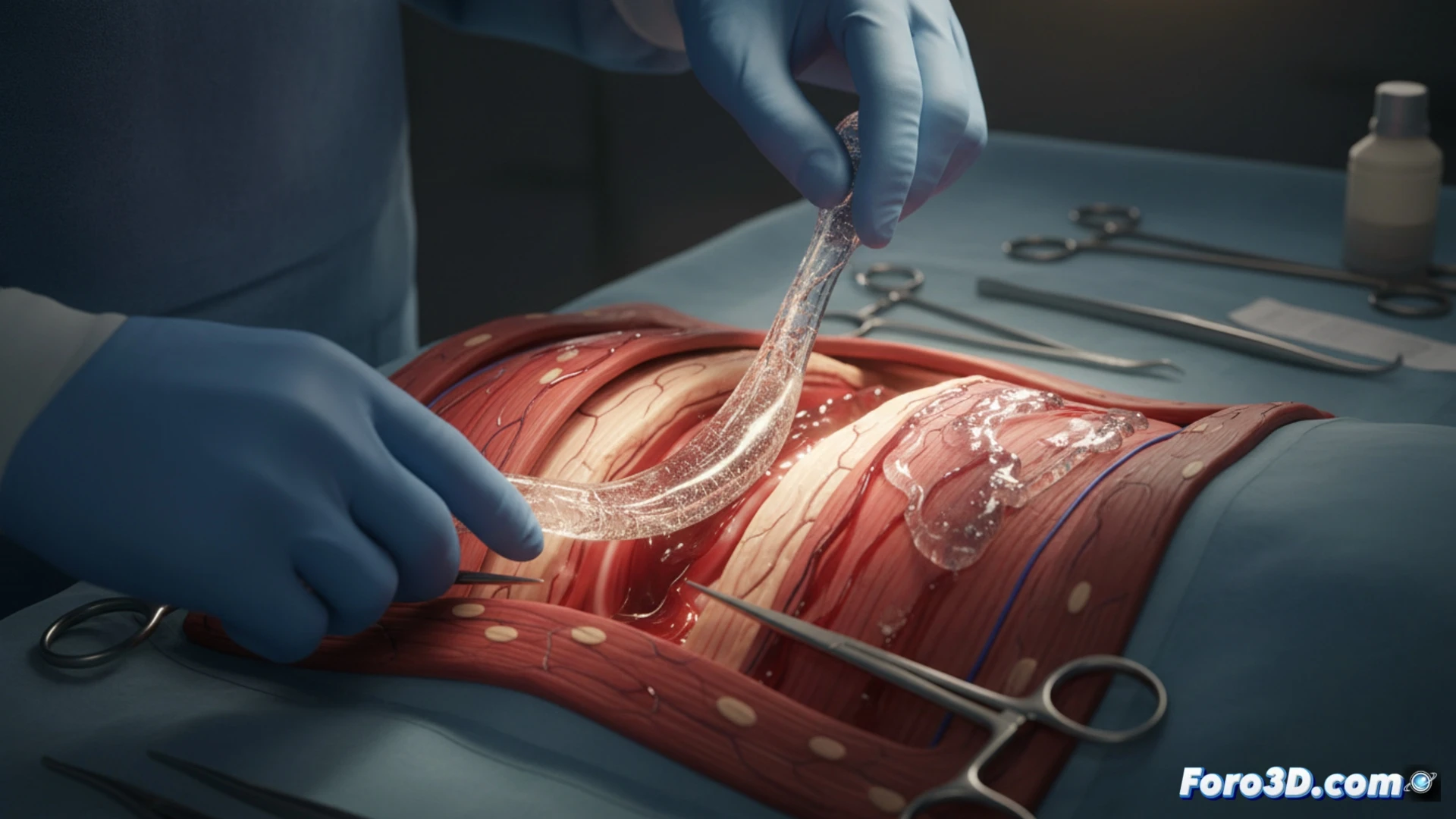 Una mano enguantada aplica una gasa sobre un corte quirúrgico profundo, con reloj marcando 30 minutos y frascos de sangre al lado, en quirófano iluminado.