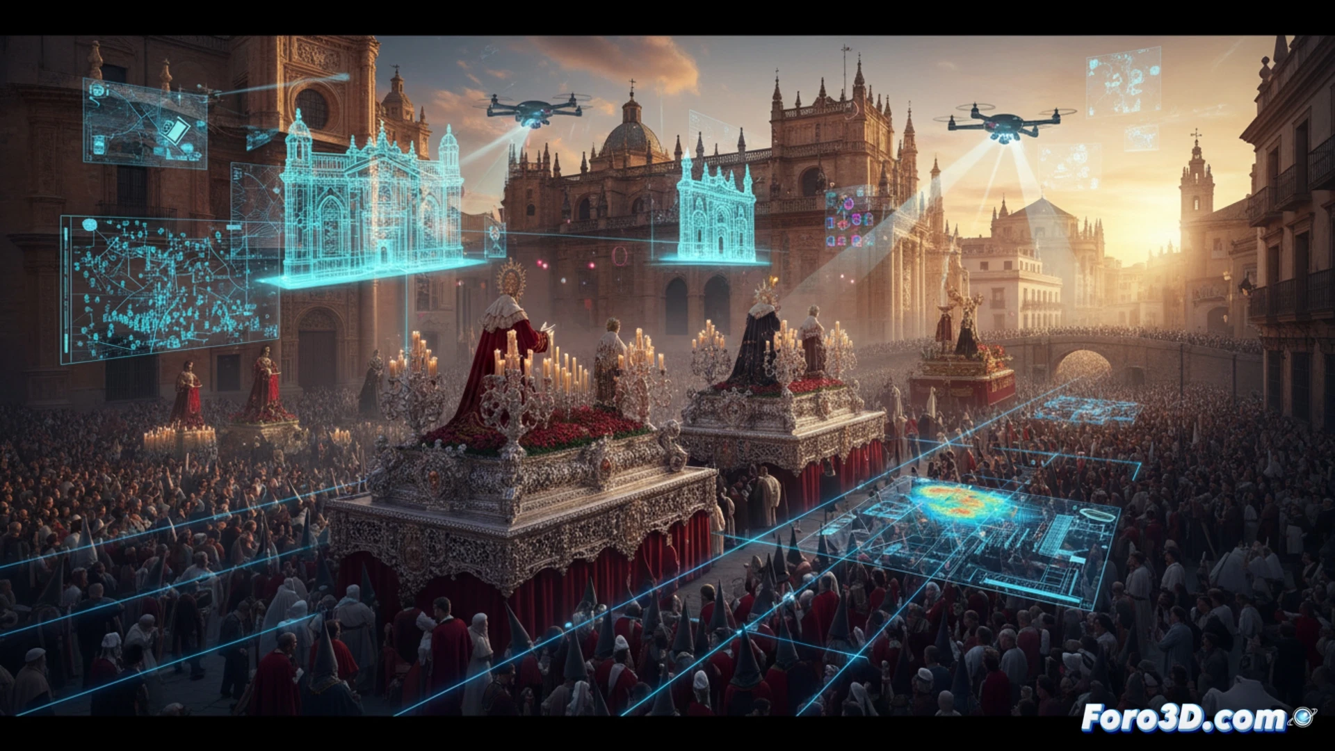 Simulacion 3D de una procesion en calle estrecha, mostrando flujo de publico y dimensiones de pasos.