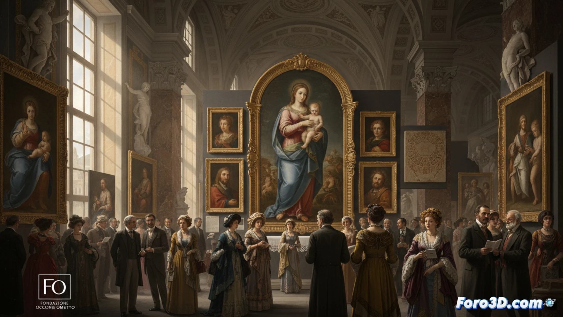 Escaneo laser 3D de una escultura clasica en un taller de restauracion, con un tecnico revisando los datos en una tablet.