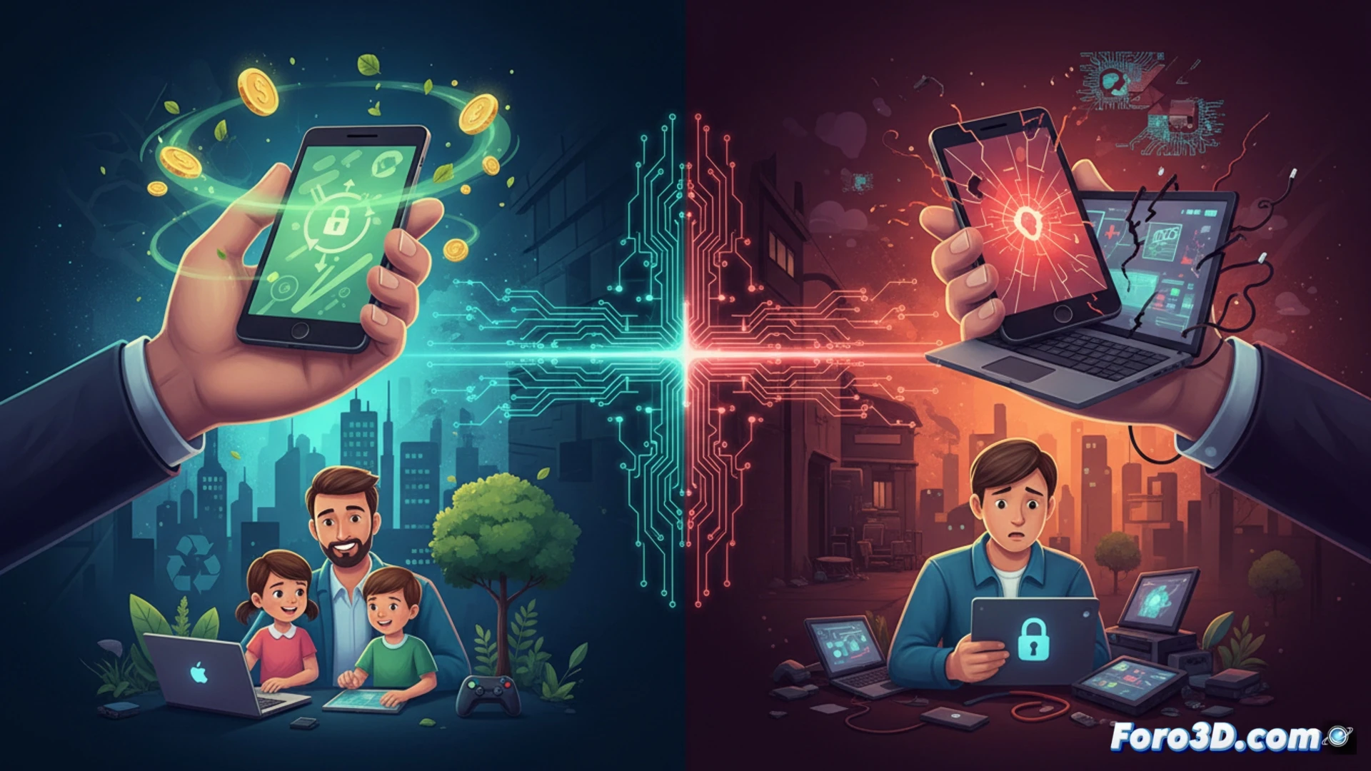 Un teléfono móvil reacondicionado, con etiqueta de garantía y precio reducido, sobre un fondo de hojas verdes que simbolizan la sostenibilidad.