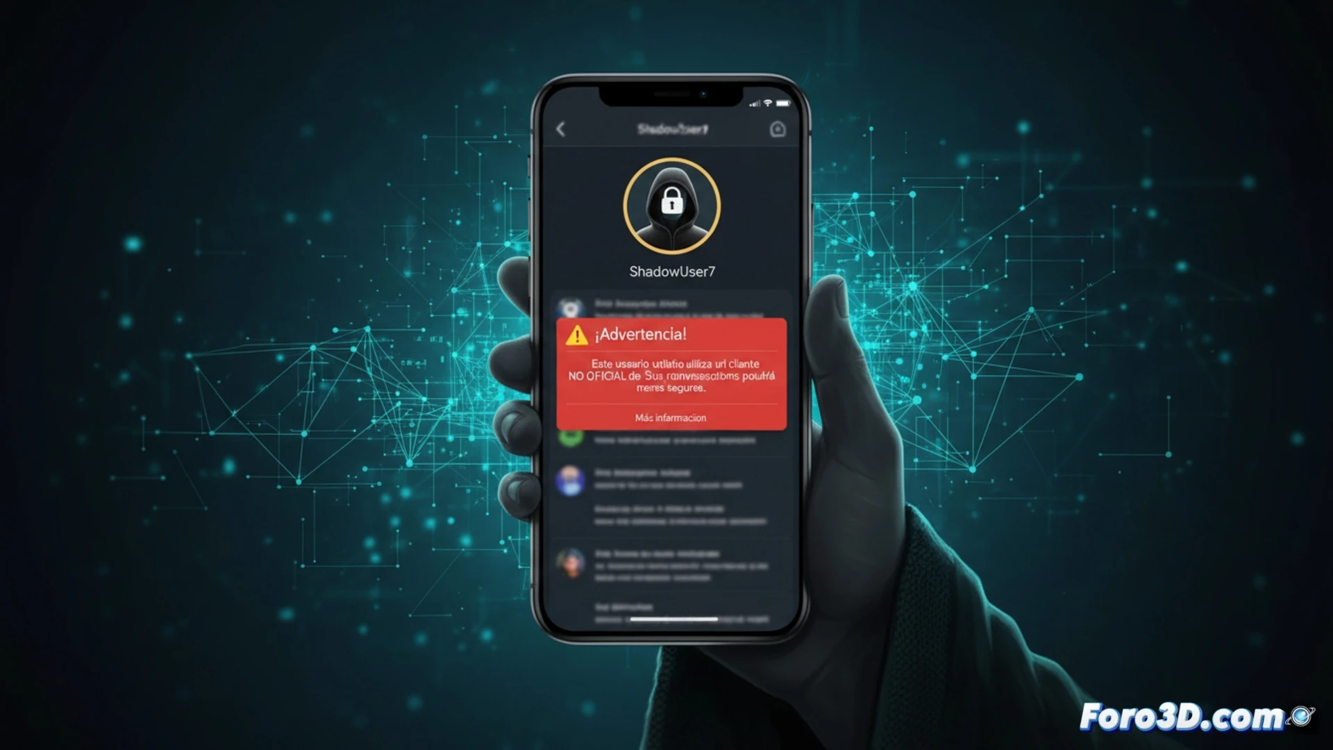 Un usuario de Telegram ve en su chat una advertencia sobre seguridad junto al nombre de su contacto, debido al uso de una app no oficial.