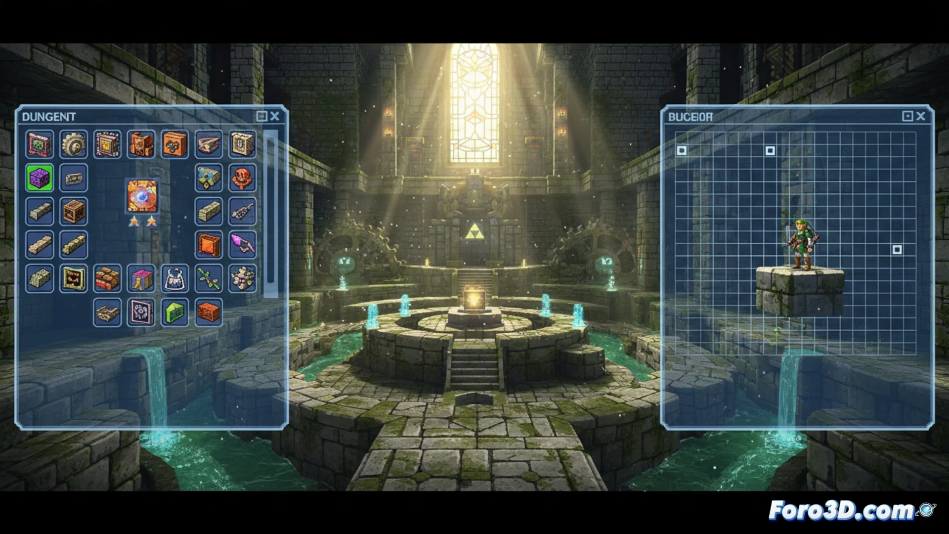 Un editor de mazmorras con gráficos de N64, niebla densa y templos de Zelda en baja resolución.