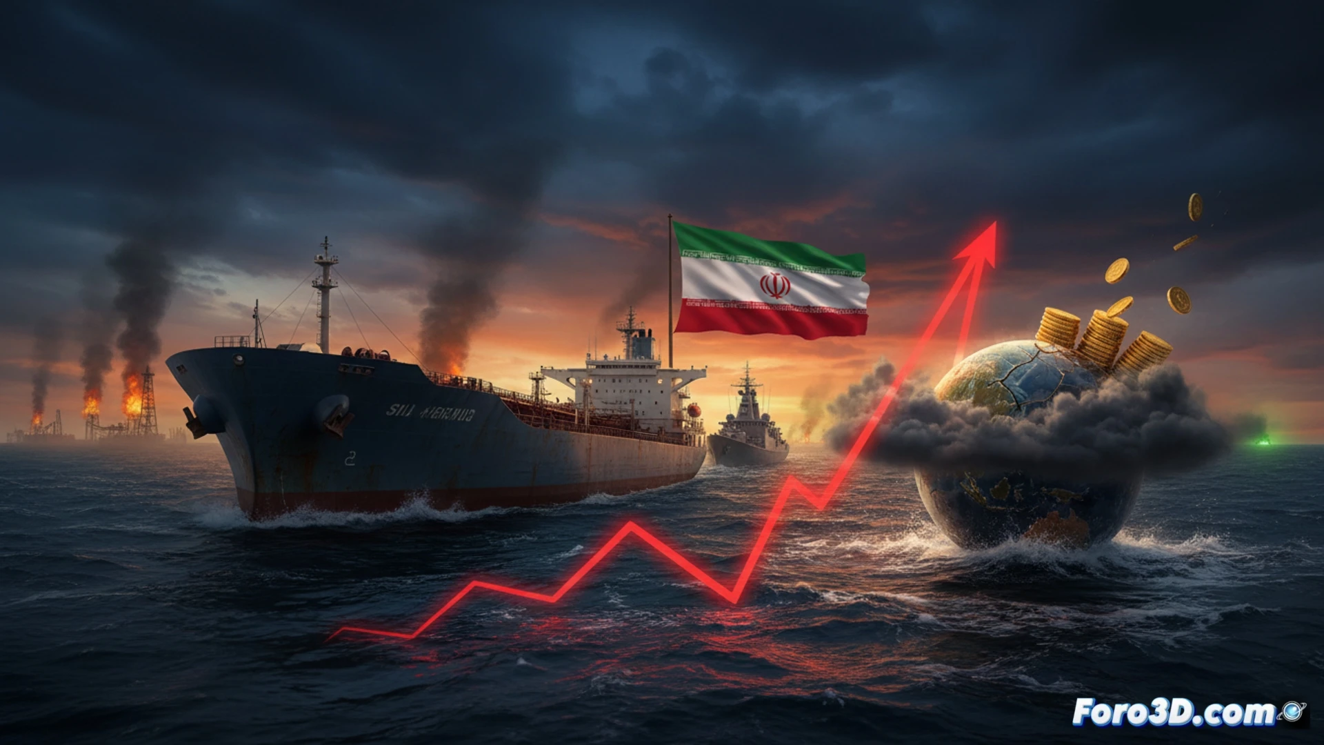 Imagen de un buque petrolero en el estrecho de Hormuz, con precios de gasolina y un chip electrónico superpuestos en tonos amenazantes.