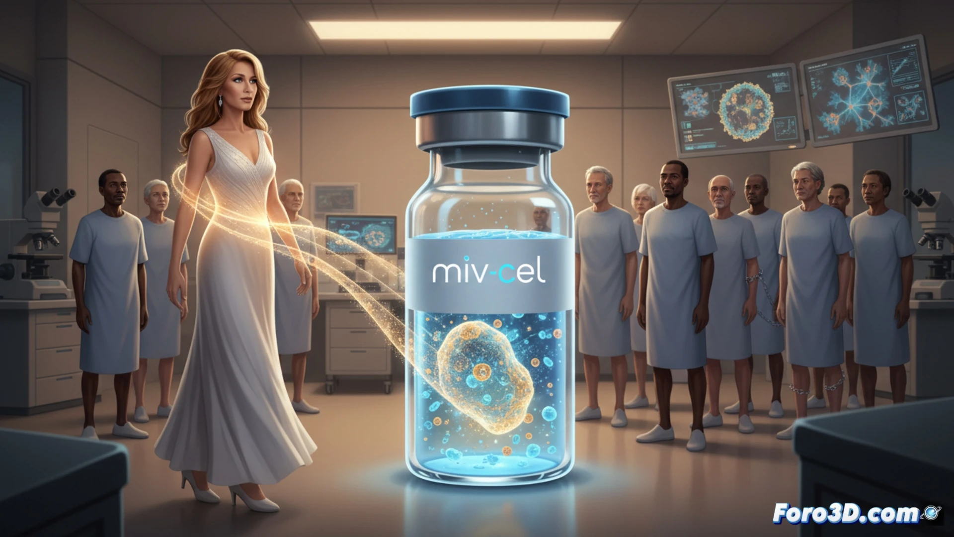 Ilustración médica de una célula miv-cel brillante en azul y rojo, rodeada de neuronas sanas, simbolizando el alivio de la rigidez en el síndrome de persona rígida.