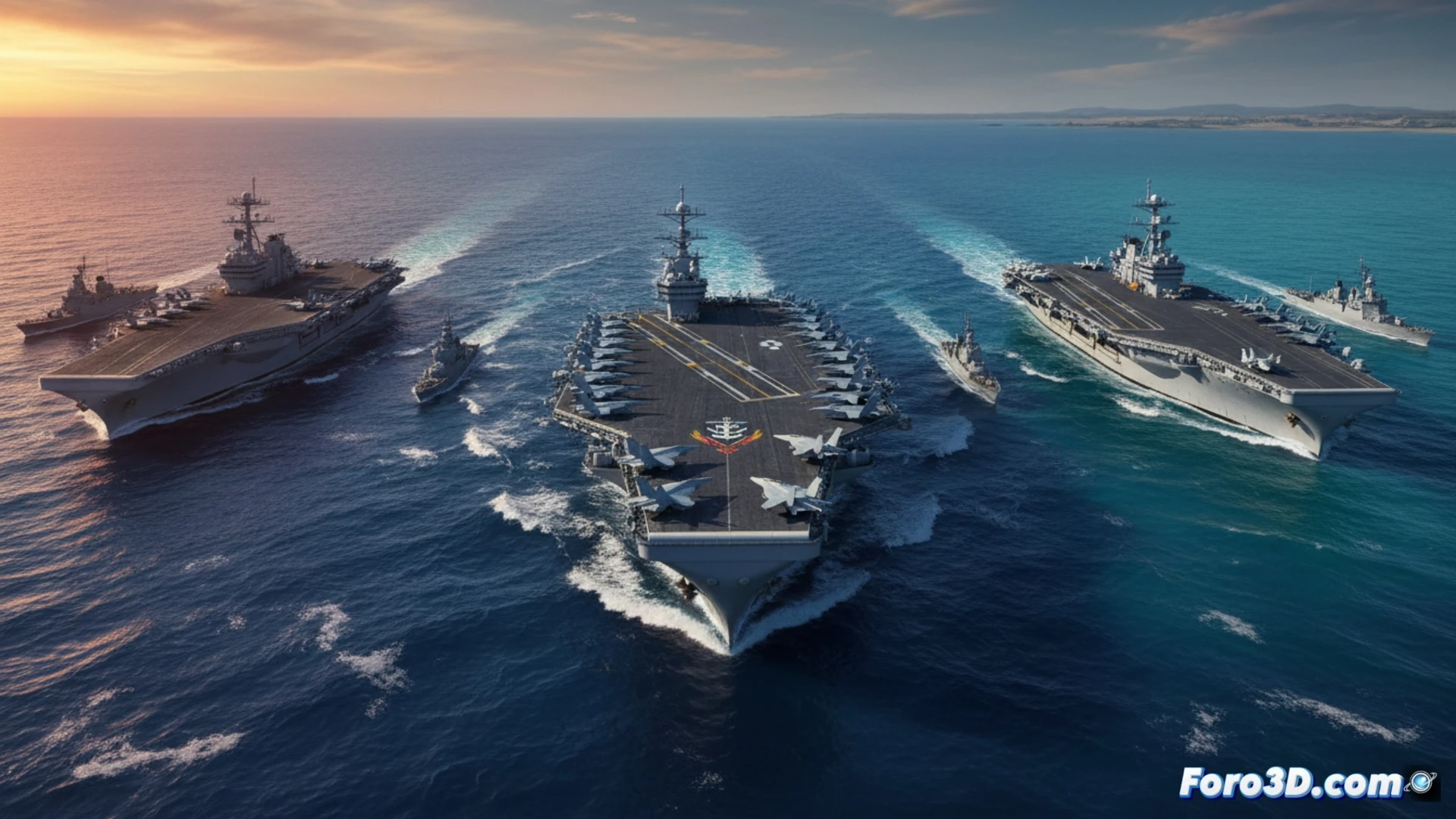 Descripción detallada de la imagen:

Una vista panorámica del océano Índico al atardecer, con el USS George H.W. Bush desplazándose en primer plano, su cubierta de vuelo llena de cazas F/A-18 y aviones de alerta temprana. Al fondo, en un horizonte brumoso, se distinguen las siluetas del USS Gerald R. Ford y el USS Abraham Lincoln, creando una línea de poder naval. El cielo muestra nubes anaranjadas y grises que reflejan la tensión latente de la tregua. En la esquina inferior derecha, un mapa estilizado señala puntos clave: mar Rojo, mar Arábigo y puertos iraníes, con líneas de bloqueo naval marcadas en rojo. La iluminación es dramática, con destellos de luz en las olas y las anten