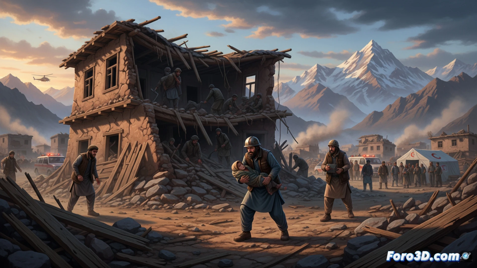 Una casa colapsada en Kabul, con socorristas entre escombros bajo el cielo gris de la cordillera del Hindu Kush.