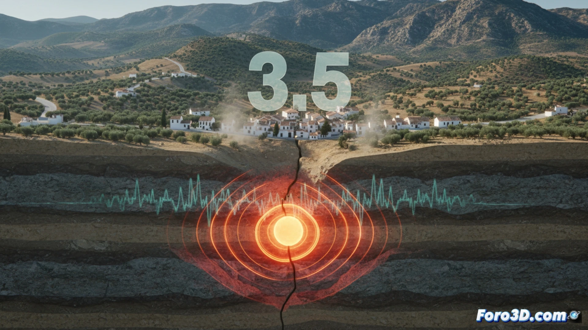 Simulación 3D de ondas sísmicas del terremoto de magnitud 3,5 en Jayena, Granada, con epicentro a 10 km de profundidad