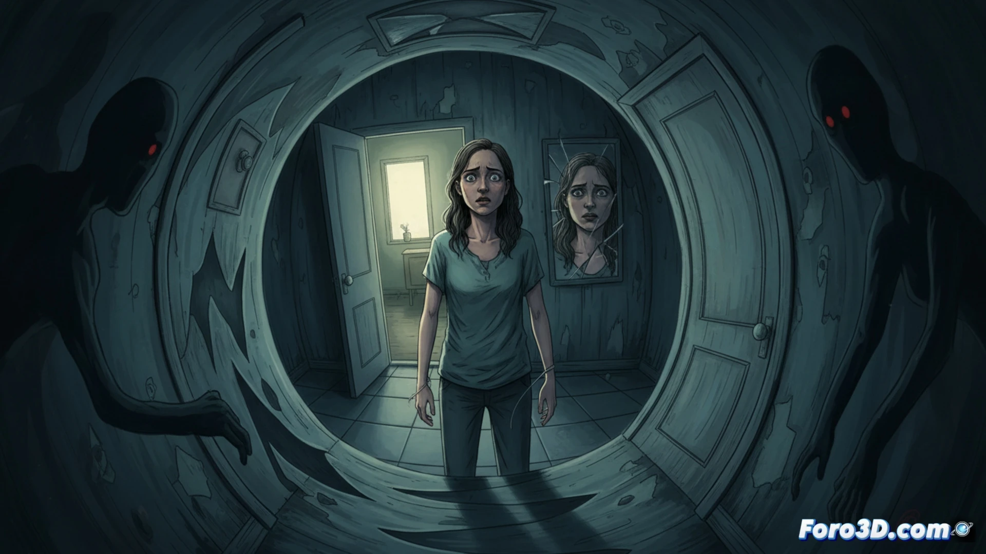 Una silueta solitaria en un pasillo oscuro de casa, sombras alargadas y una puerta entreabierta que oculta algo; atmósfera opresiva sin monstruos visibles.