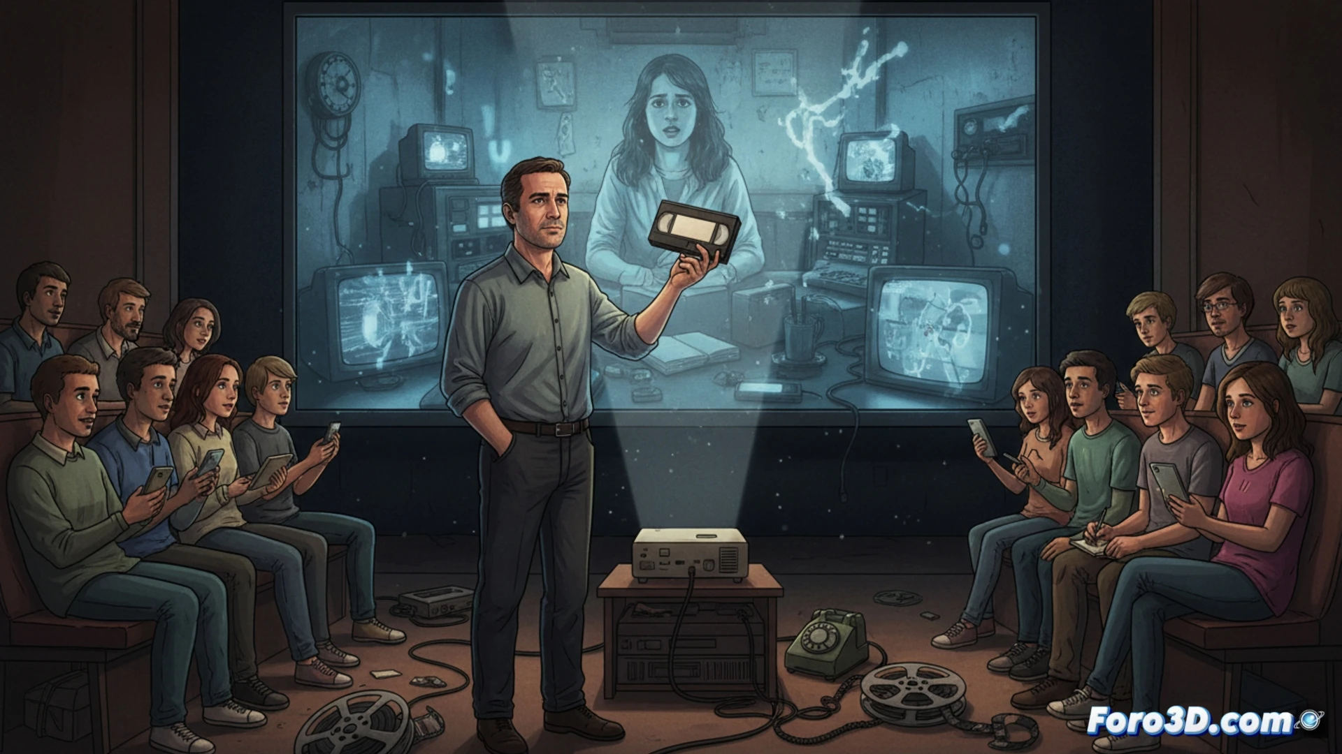 Un director joven analiza cintas VHS en una sala de proyección oscura, rodeado de estanterías con videocasetes.