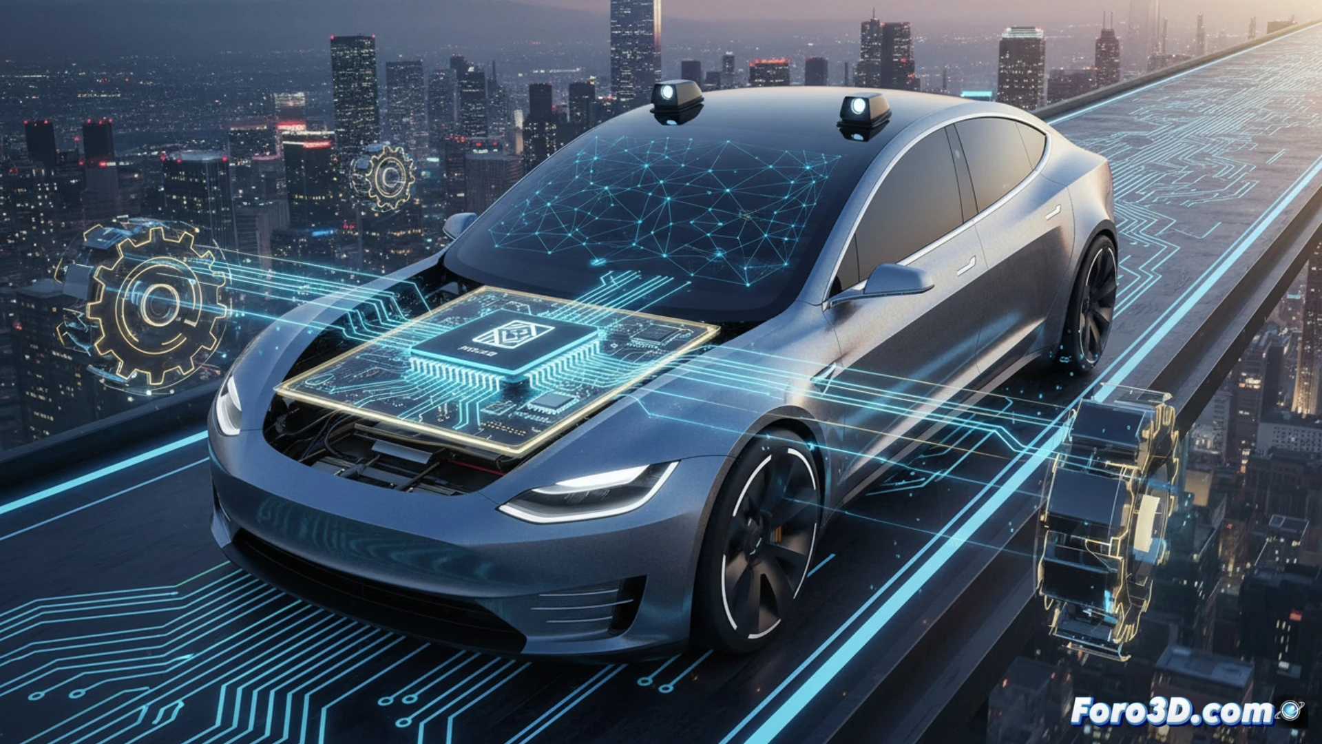 Modelado 3D de la arquitectura interna del chip Tesla A15, mostrando sus núcleos y rutas de interconexión.