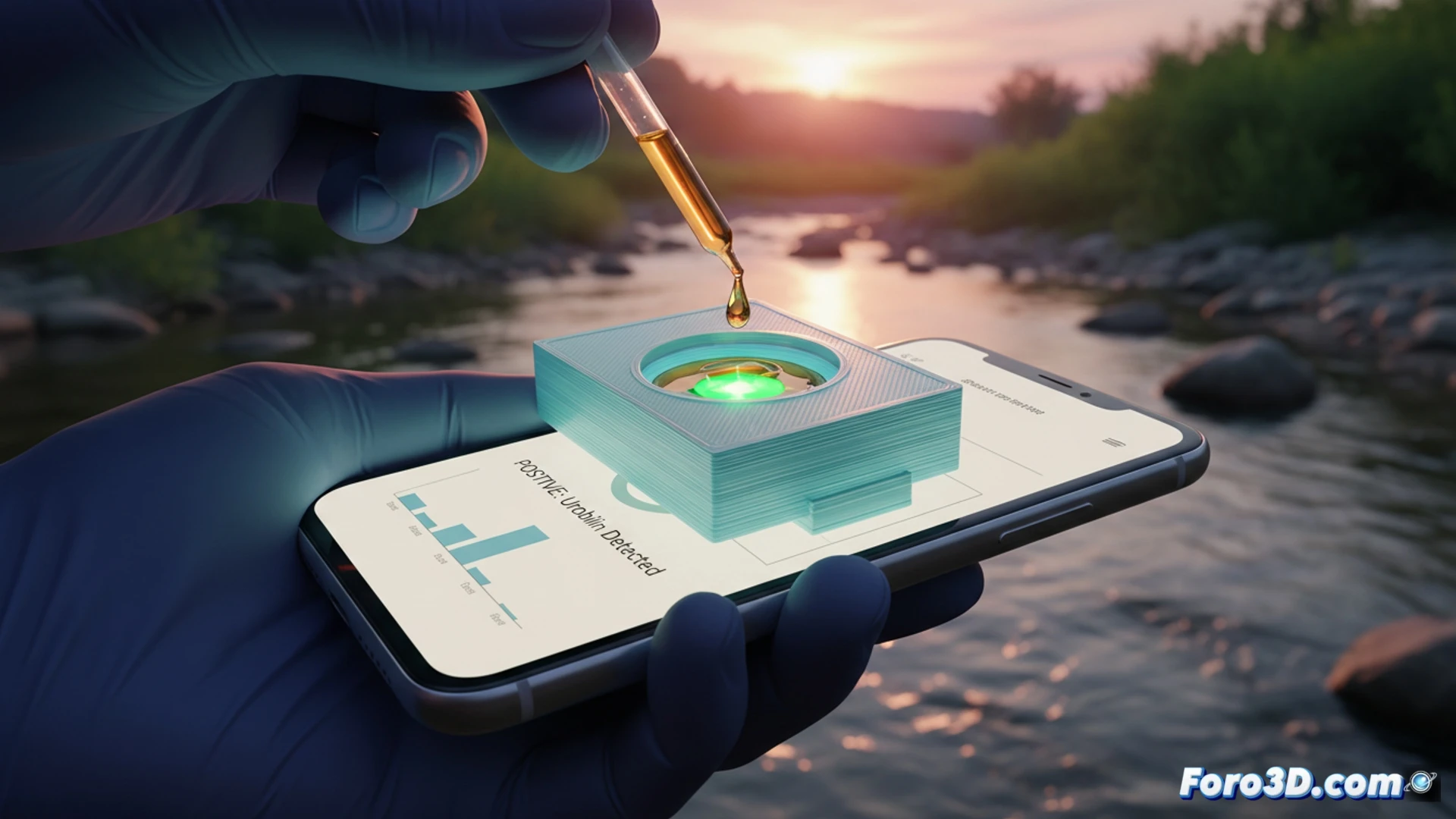 Smartphone junto a un vial con agua y una app mostrando 