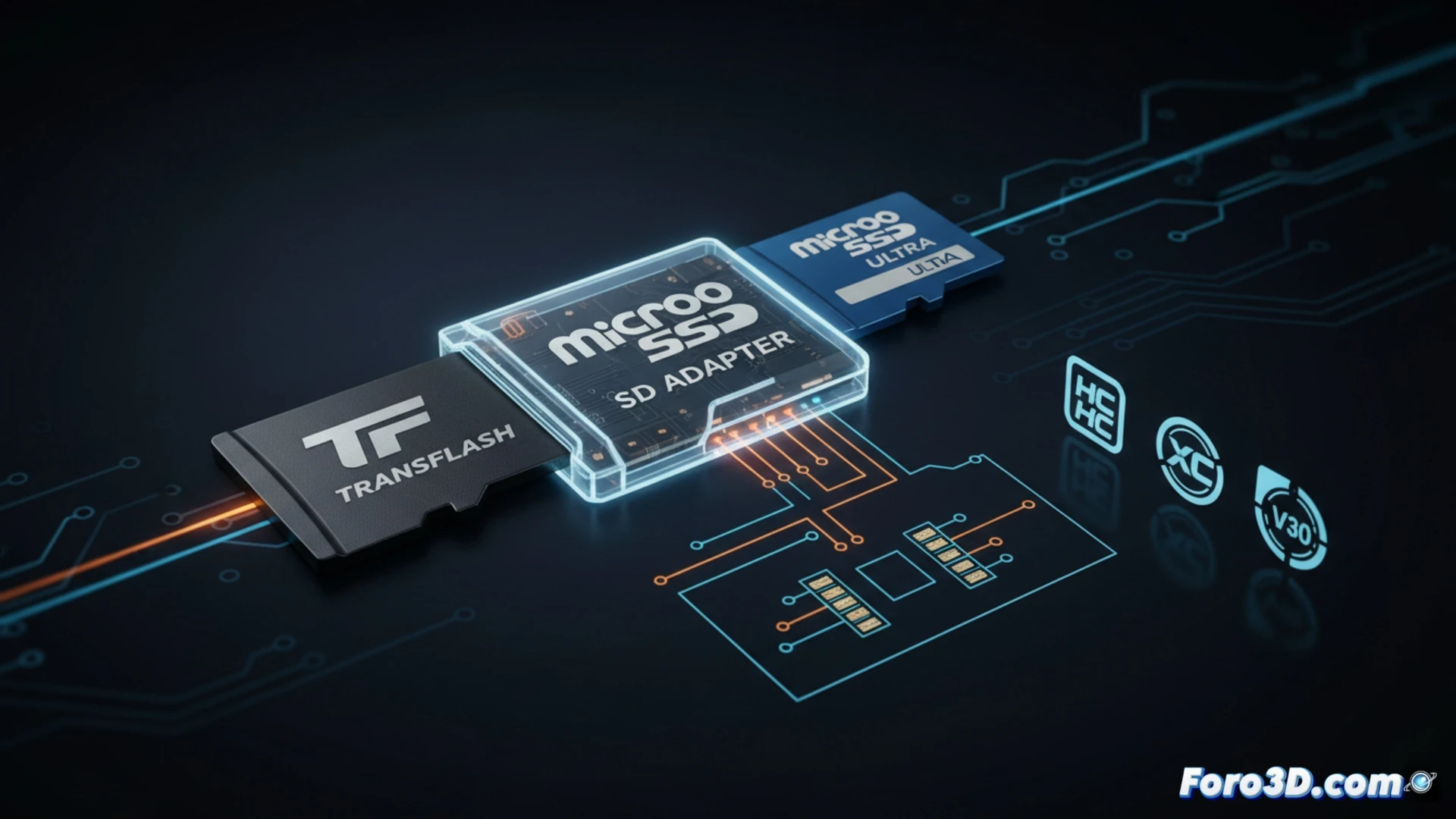 Una mano sostiene una tarjeta microSD junto a su adaptador SD, con el texto TF / microSD superpuesto, simbolizando la unificación del estándar.