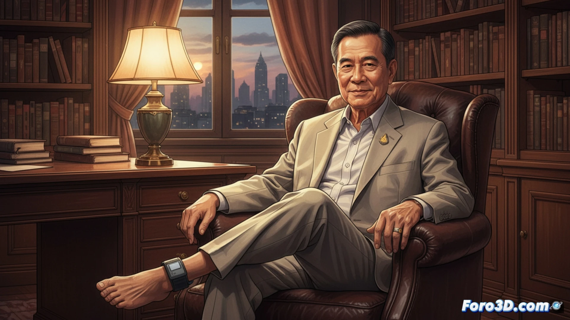 Ex primer ministro tailandés Thaksin Shinawatra, de 76 años, sonríe mientras sujeta un brazalete electrónico de monitoreo, símbolo de su libertad condicional.