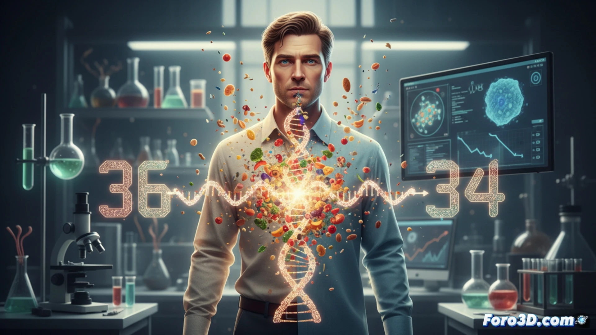 Un hombre de mediana edad sostiene una manzana frente a un gráfico corporal que muestra edad biológica de 36 años, con flechas hacia alimentos saludables que reducen el riesgo.