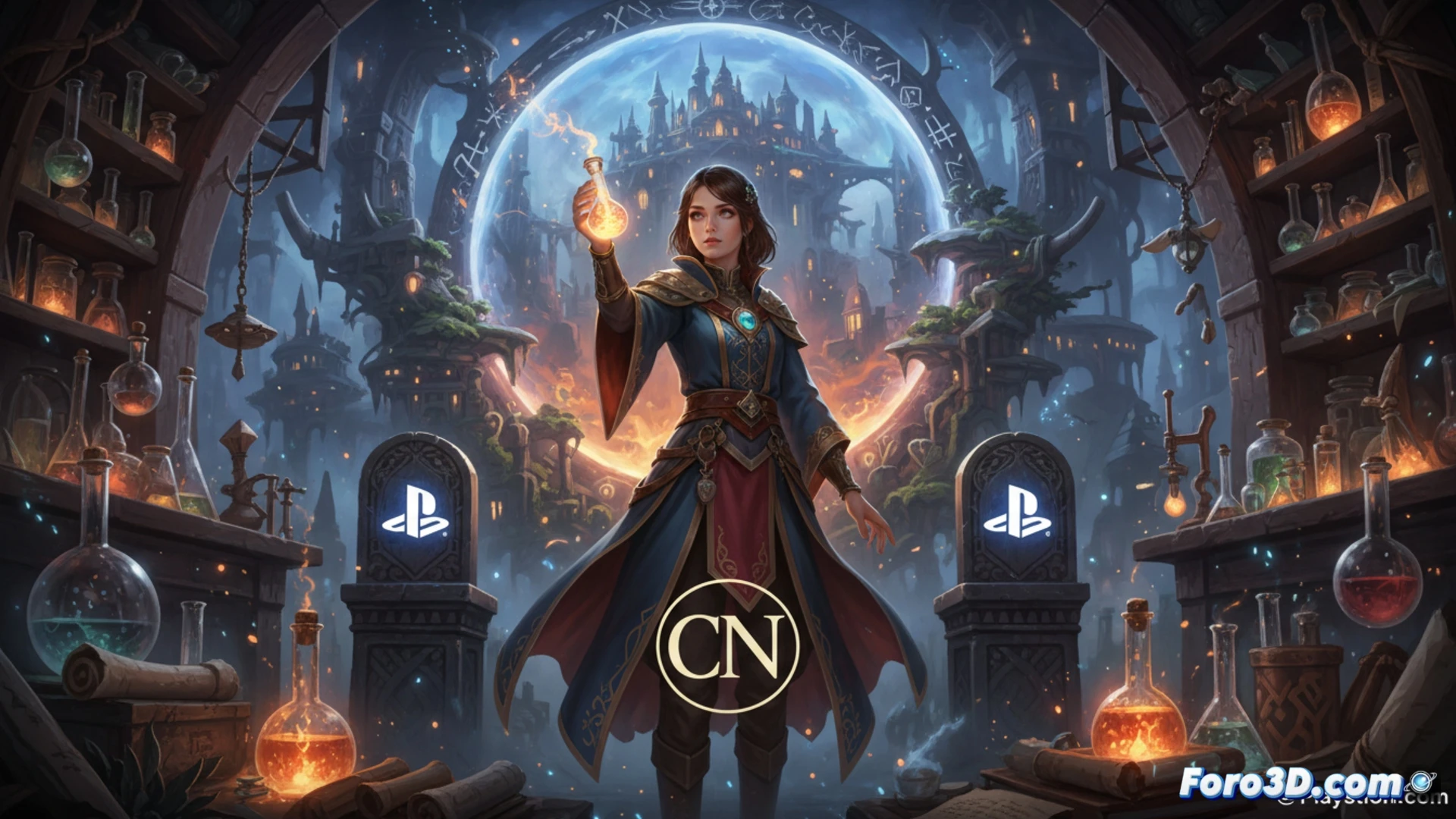 Una alquimista en una mazmorra iluminada por antorchas, creando un objeto brillante sobre una mesa, rodeada de pociones y runas mágicas.