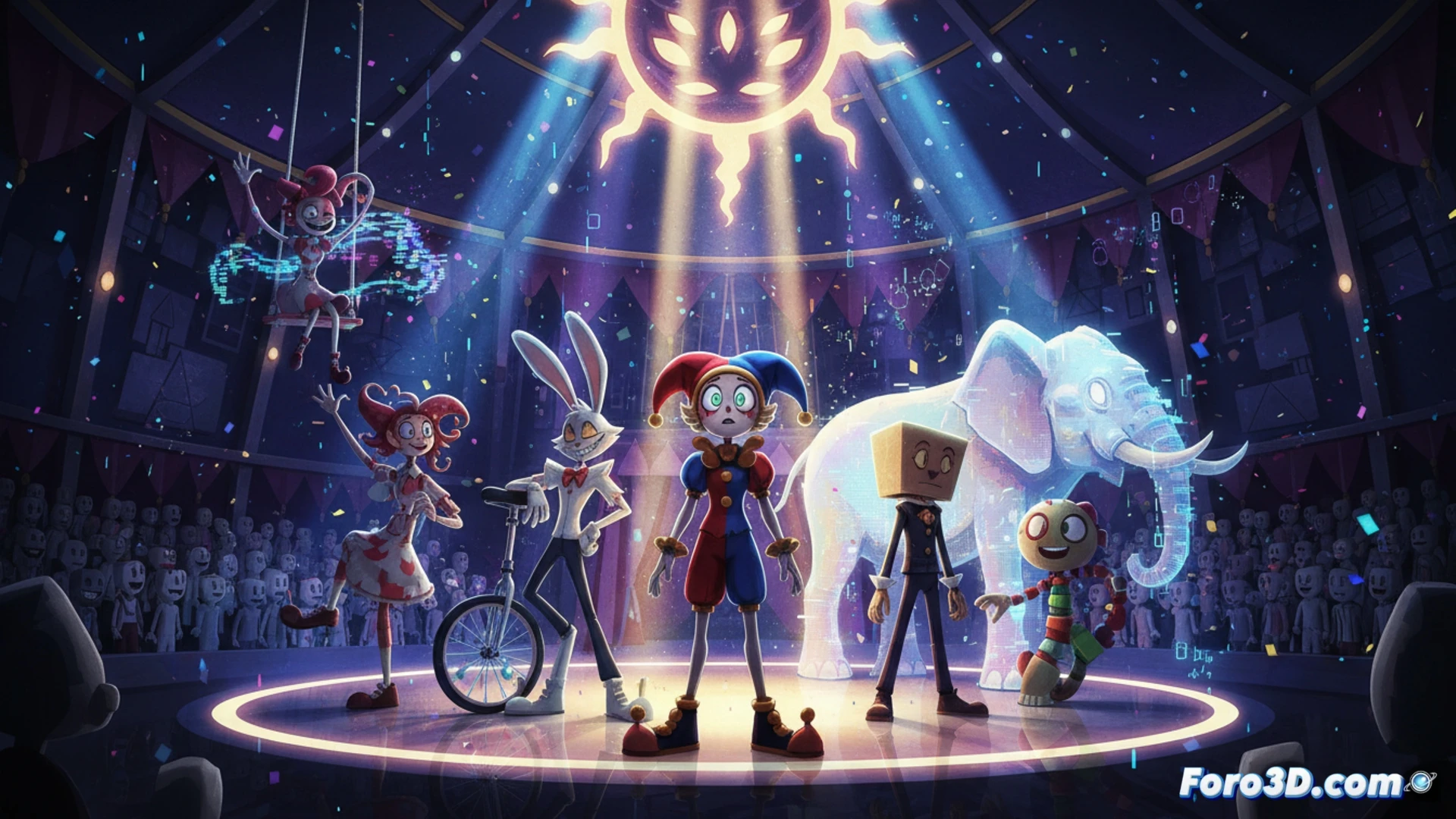 Un cartel de cine anuncia el estreno final de 'The Amazing Digital Circus', con Pomni mirando la gran pantalla.