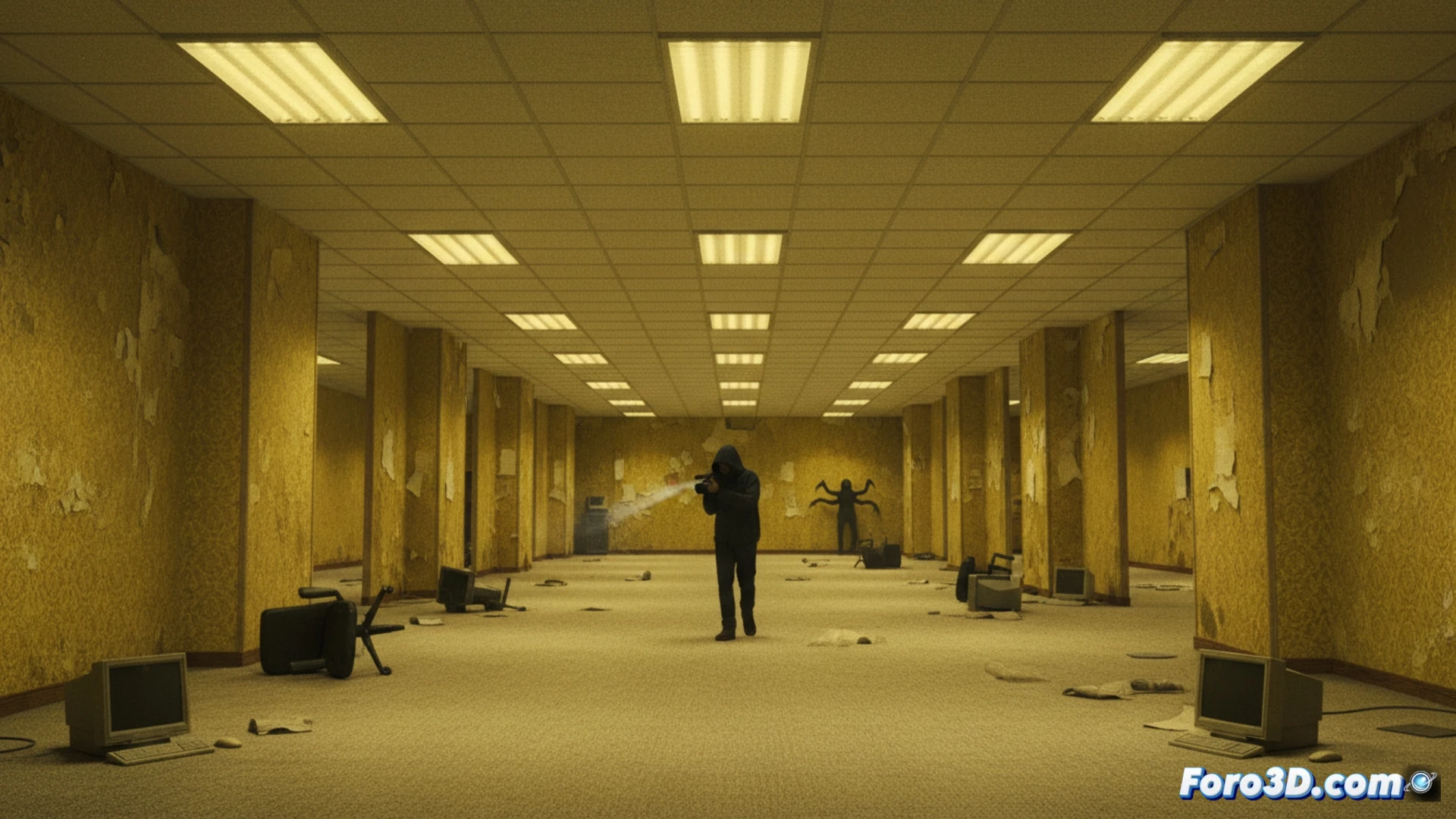 Un hombre perdido en interminables pasillos amarillos, bajo luces fluorescentes que zumban, en una dimensión laberíntica y desierta.