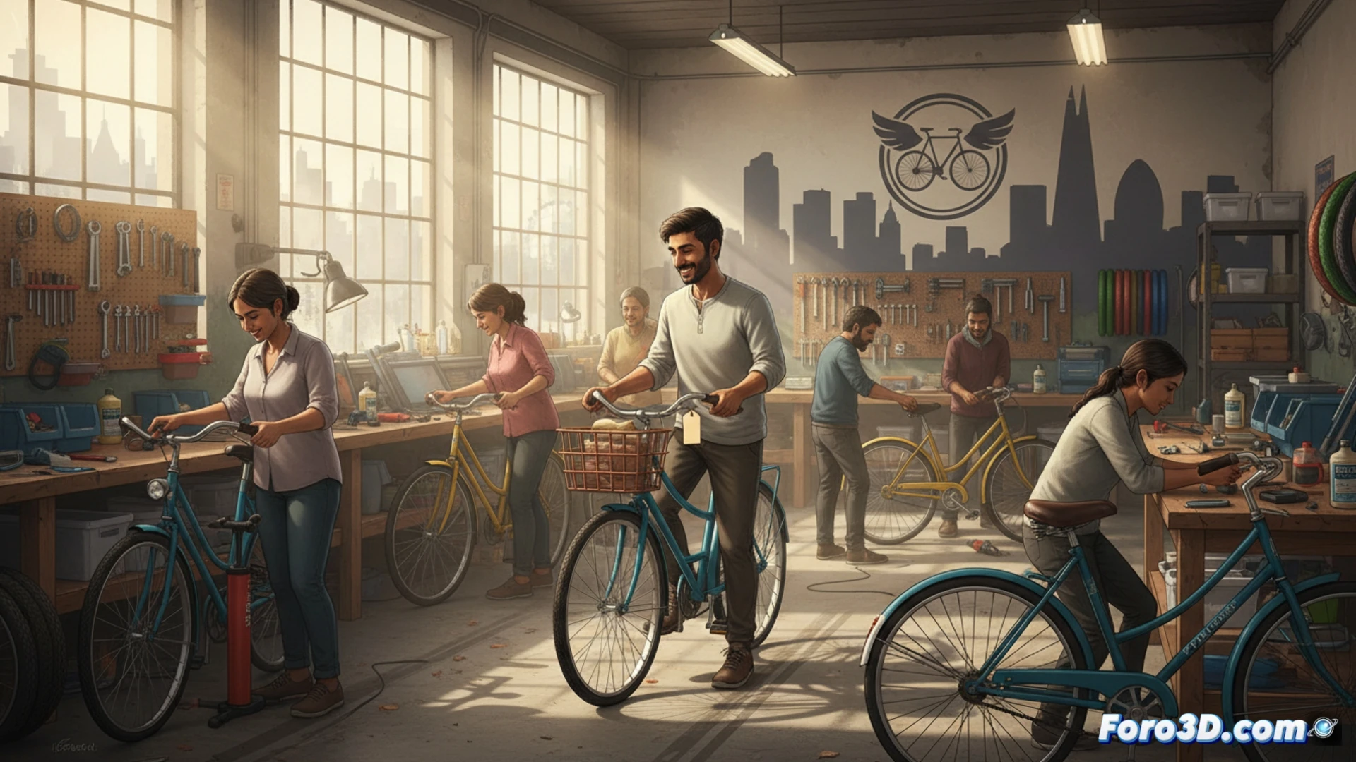 Un taller donde voluntarios reparan bicicletas para entregárselas a refugiados en Londres.