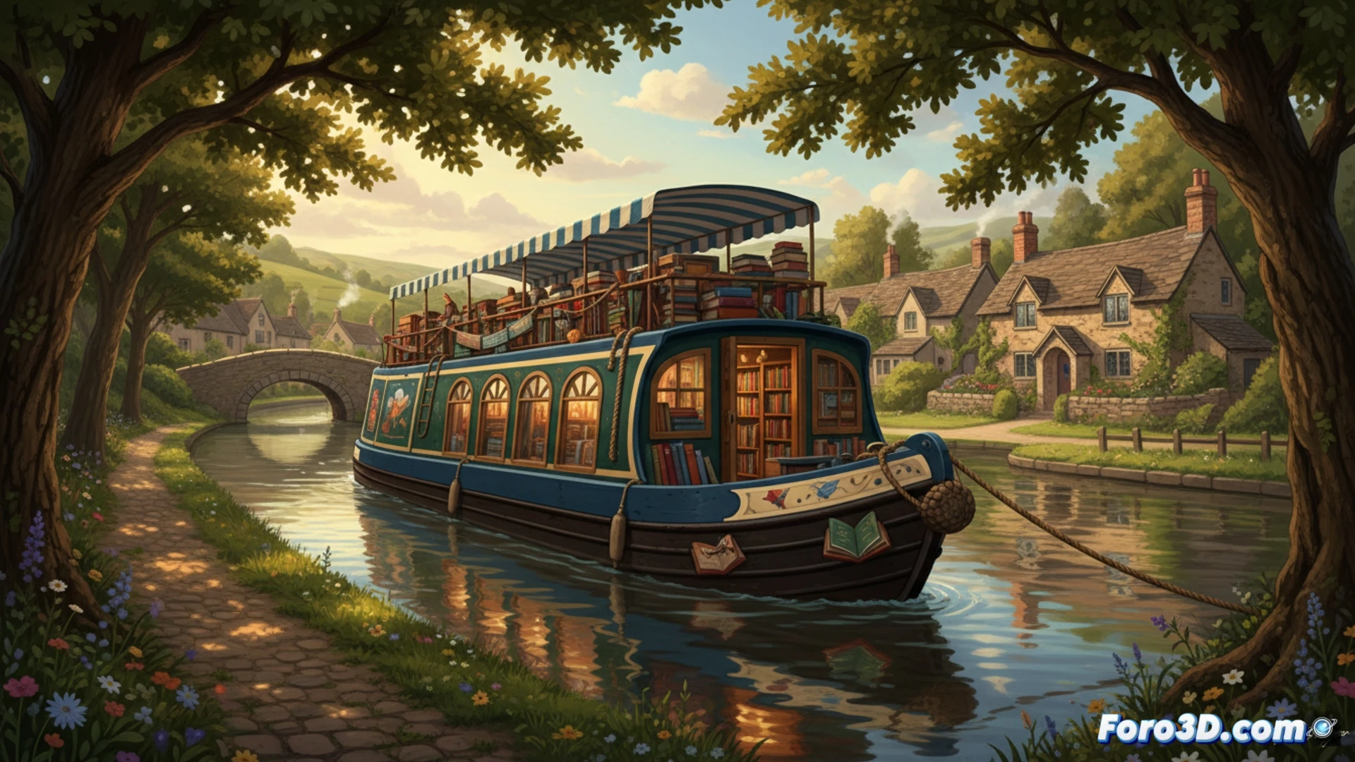 Una barcaza librería navega por un canal inglés, con estanterías llenas de libros en su interior acogedor.