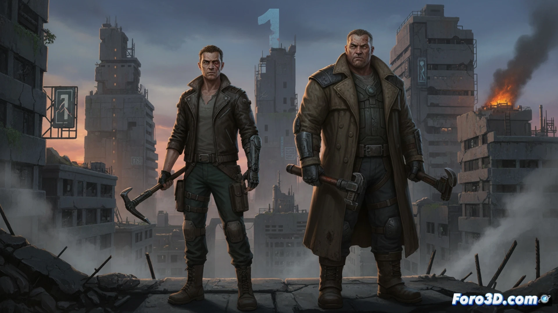 Un guerrero solitario frente a una ciudad postapocalíptica iluminada por neón, con un letrero de 'The Concrete Sutra' en el fondo.