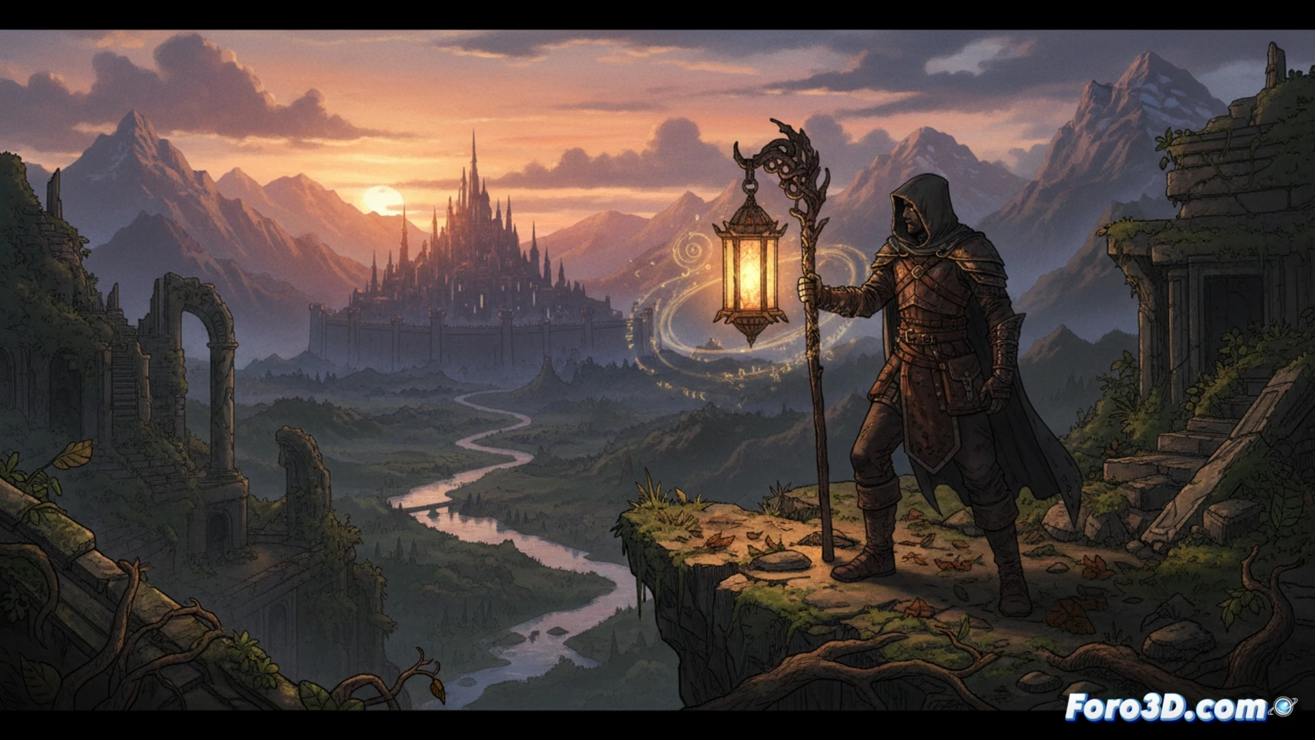 Un guerrero solitario explora un páramo rocoso bajo la luz de una antigua linterna mágica.