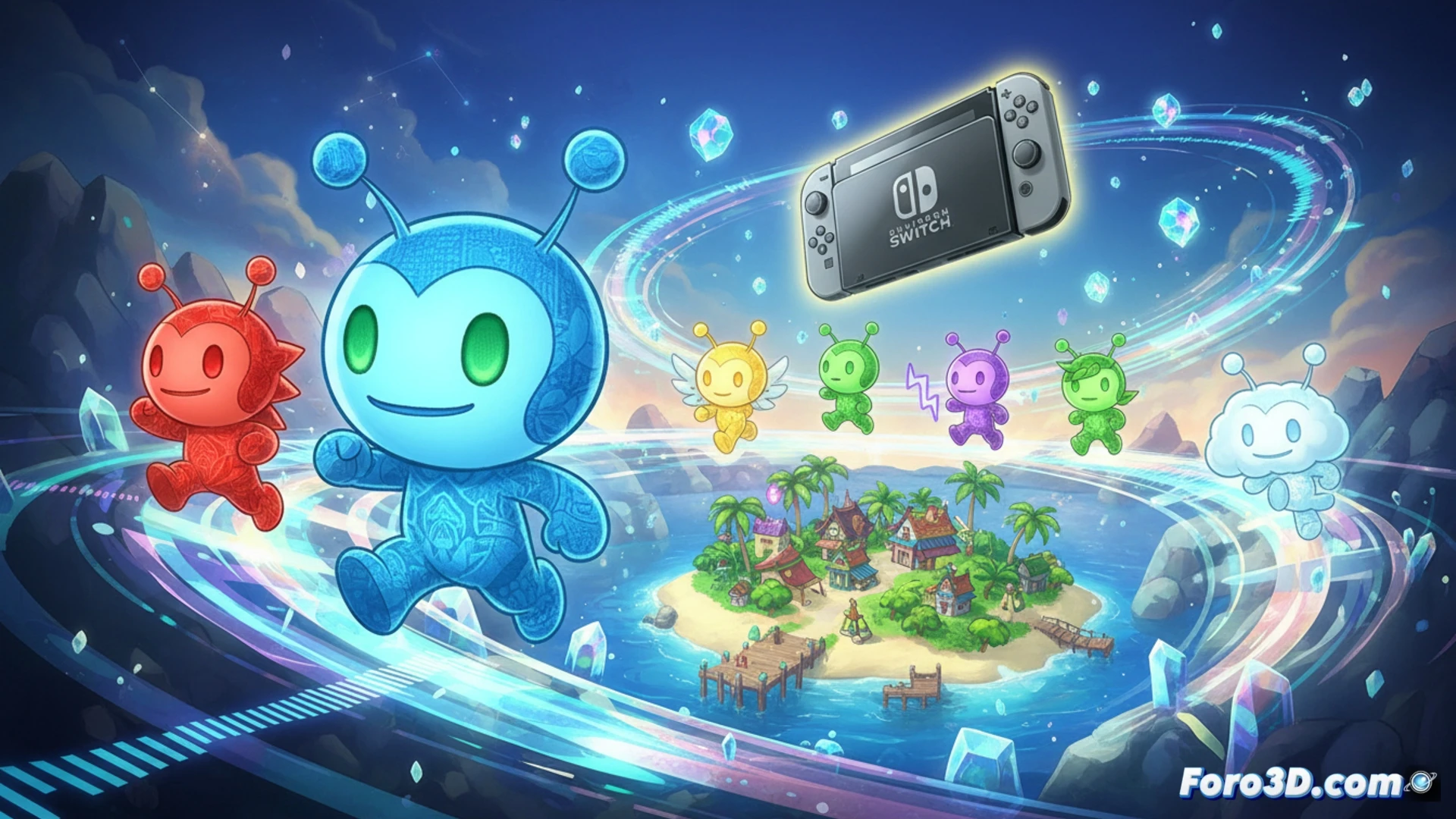 Un Denpa Men de colores vibrantes capturado en un bosque pixelado, mientras un jugador sostiene una Switch 2 con el juego en pantalla.