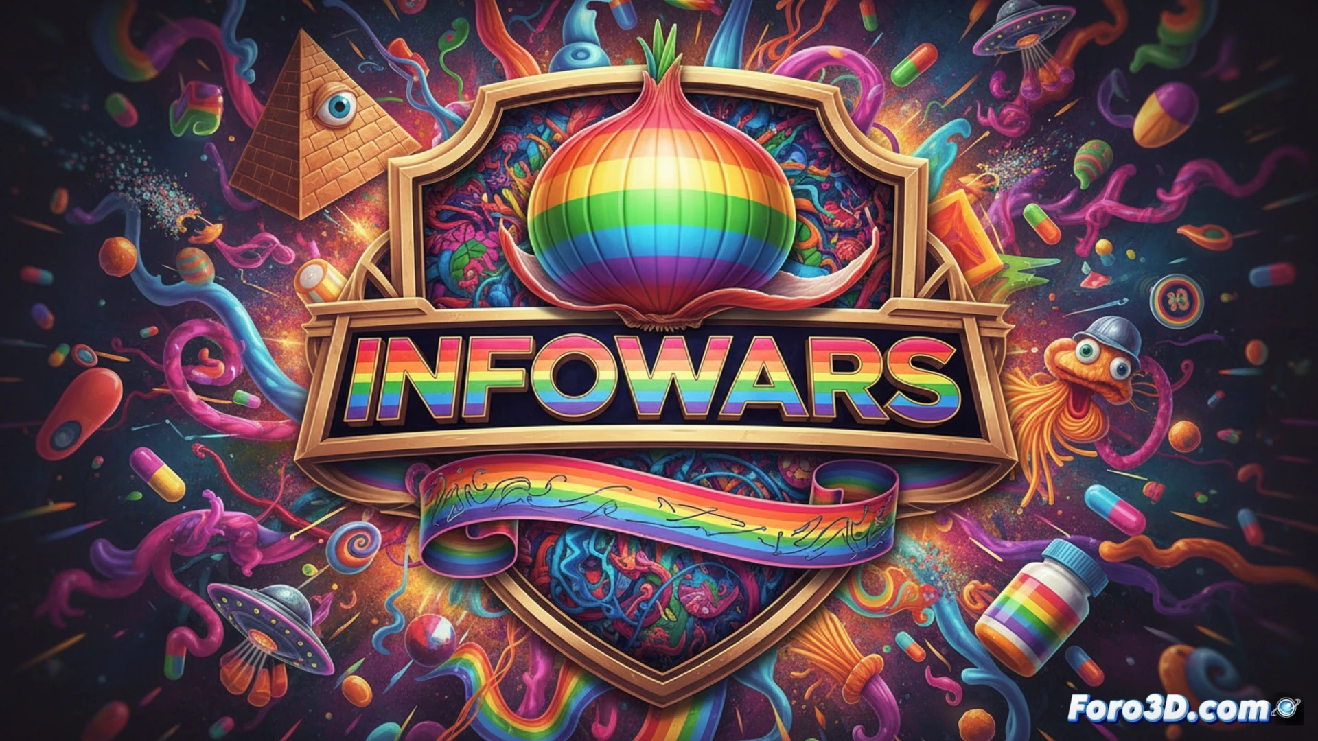 Logo de Infowars rediseñado con una cebolla arcoíris sobre un micrófono, en tono satírico.