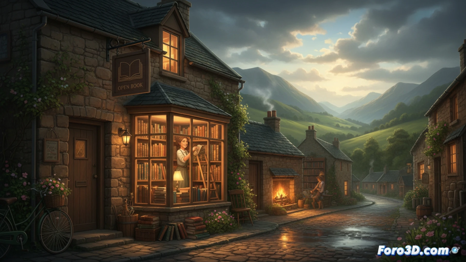 Una acogedora librería escocesa con estantes de madera, ventana empañada y montañas verdes al fondo.