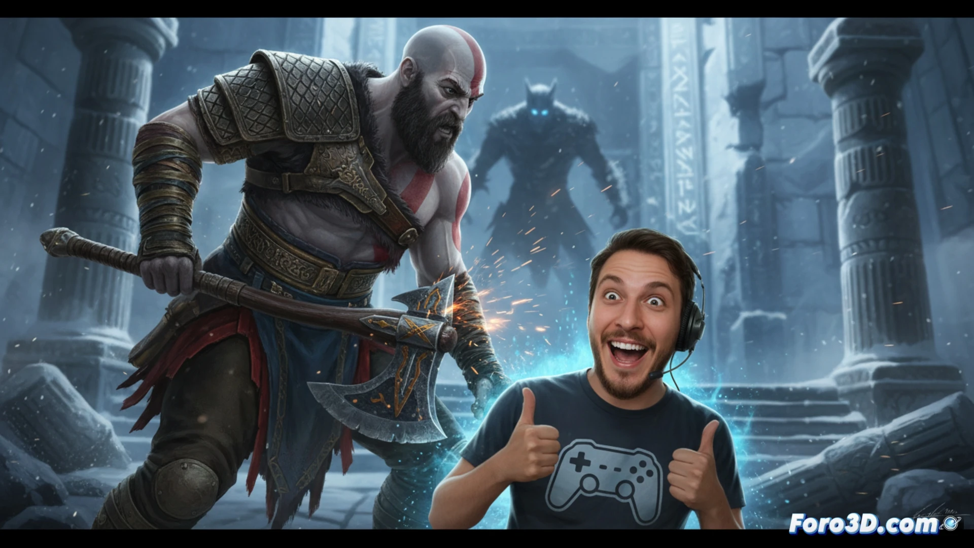 Una multitud de fans sonríe mientras Kratos, con el Leviatán, se acerca. Detrás, un letrero de 'The Playerbase'.