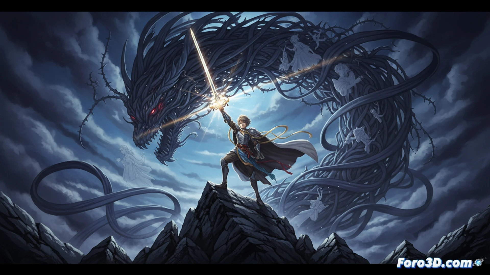 Imagen vibrante del héroe solitario con capa roja bajo una luna llena, rodeado de plumas y estrellas estilo anime retro.