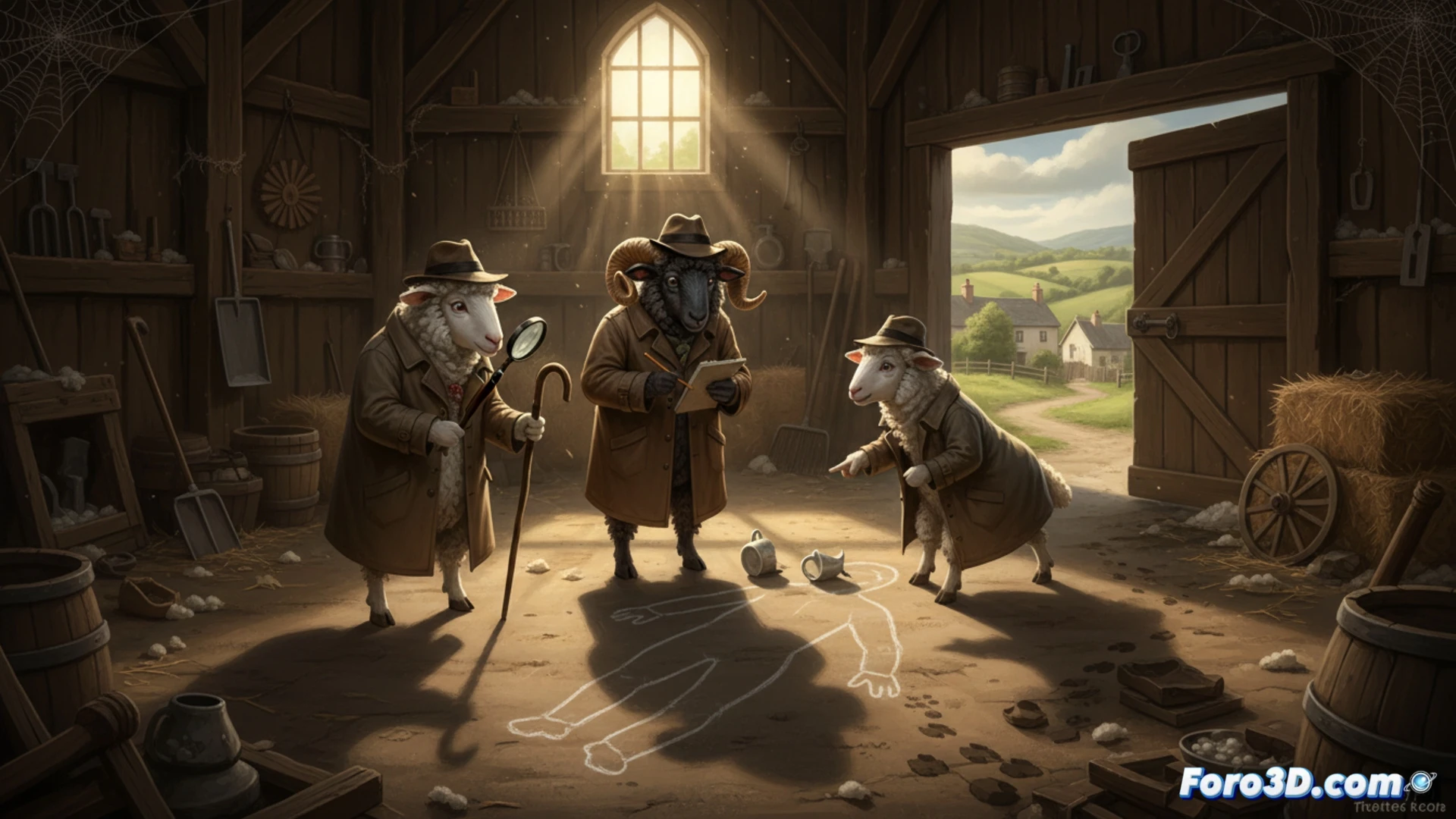 Un rebaño de ovejas detectives observa una pista en el campo, con un estilo visual 3D colorido y familiar.