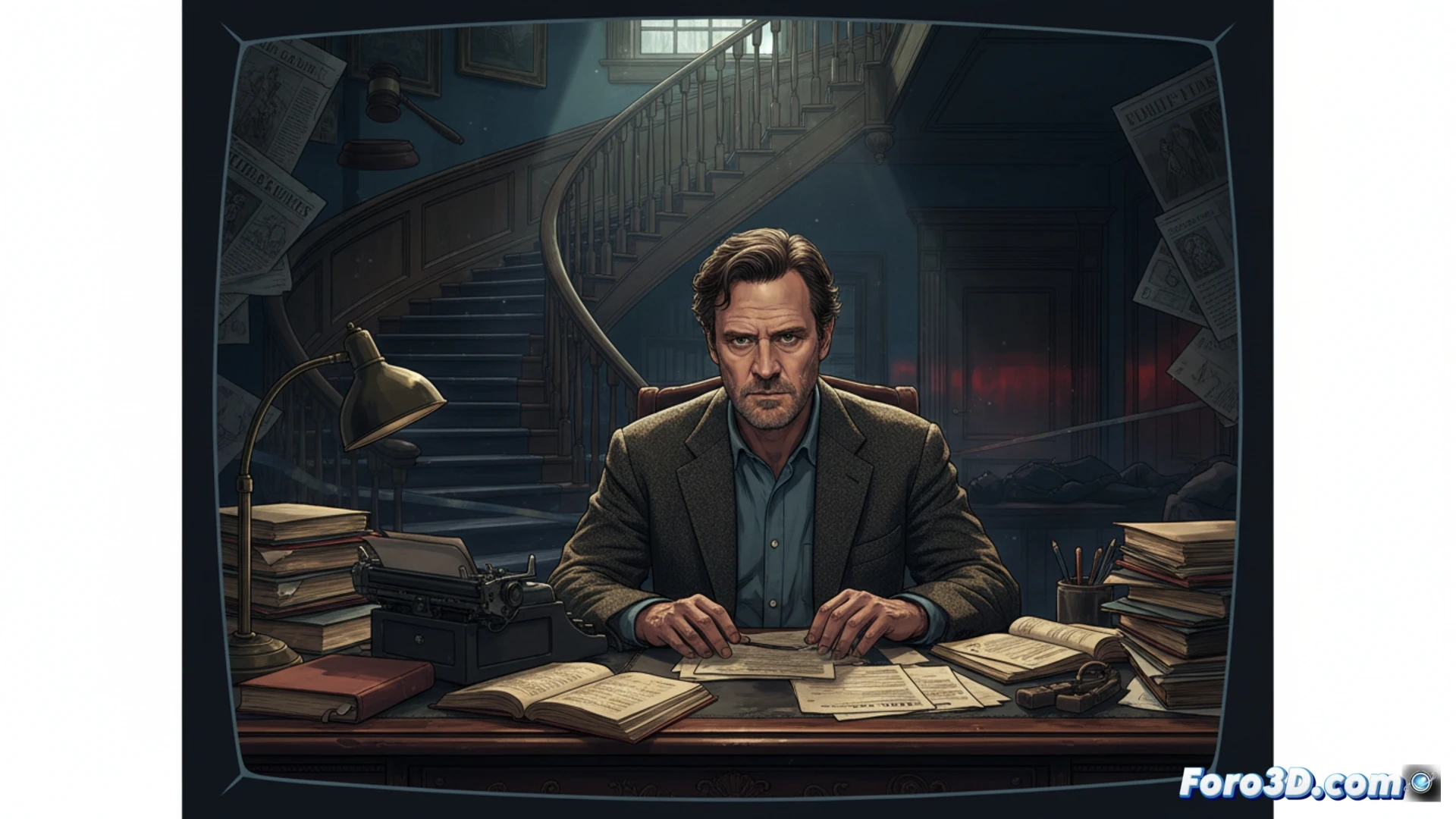 Colin Firth como Michael Peterson, de pie junto a una escalera de madera en una casa iluminada por tenues luces, con papeles legales esparcidos y un ambiente sombrío de juicio.