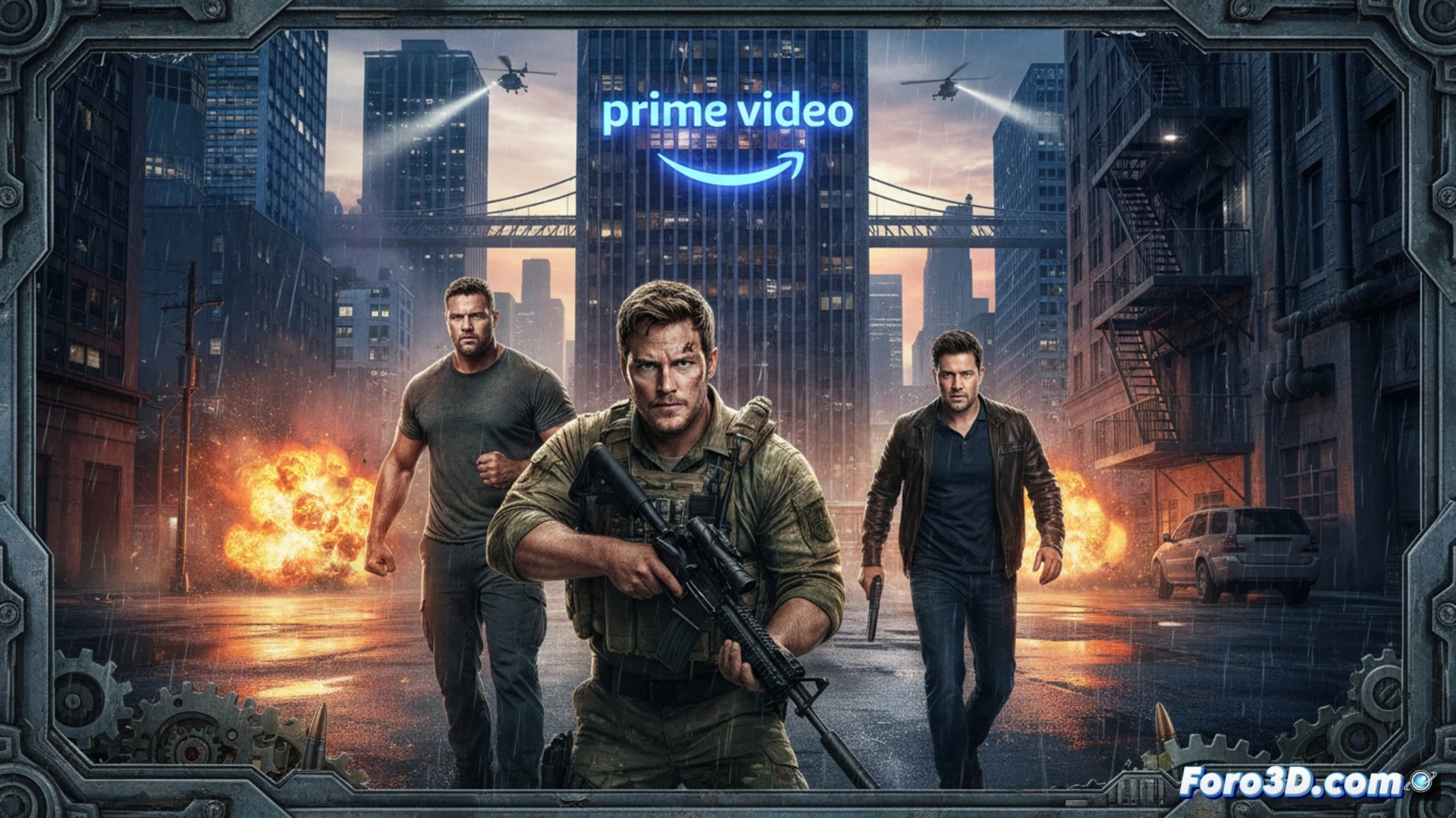 Un marine con expresión intensa, en primer plano, sobre un fondo de acción militar y explosiones.