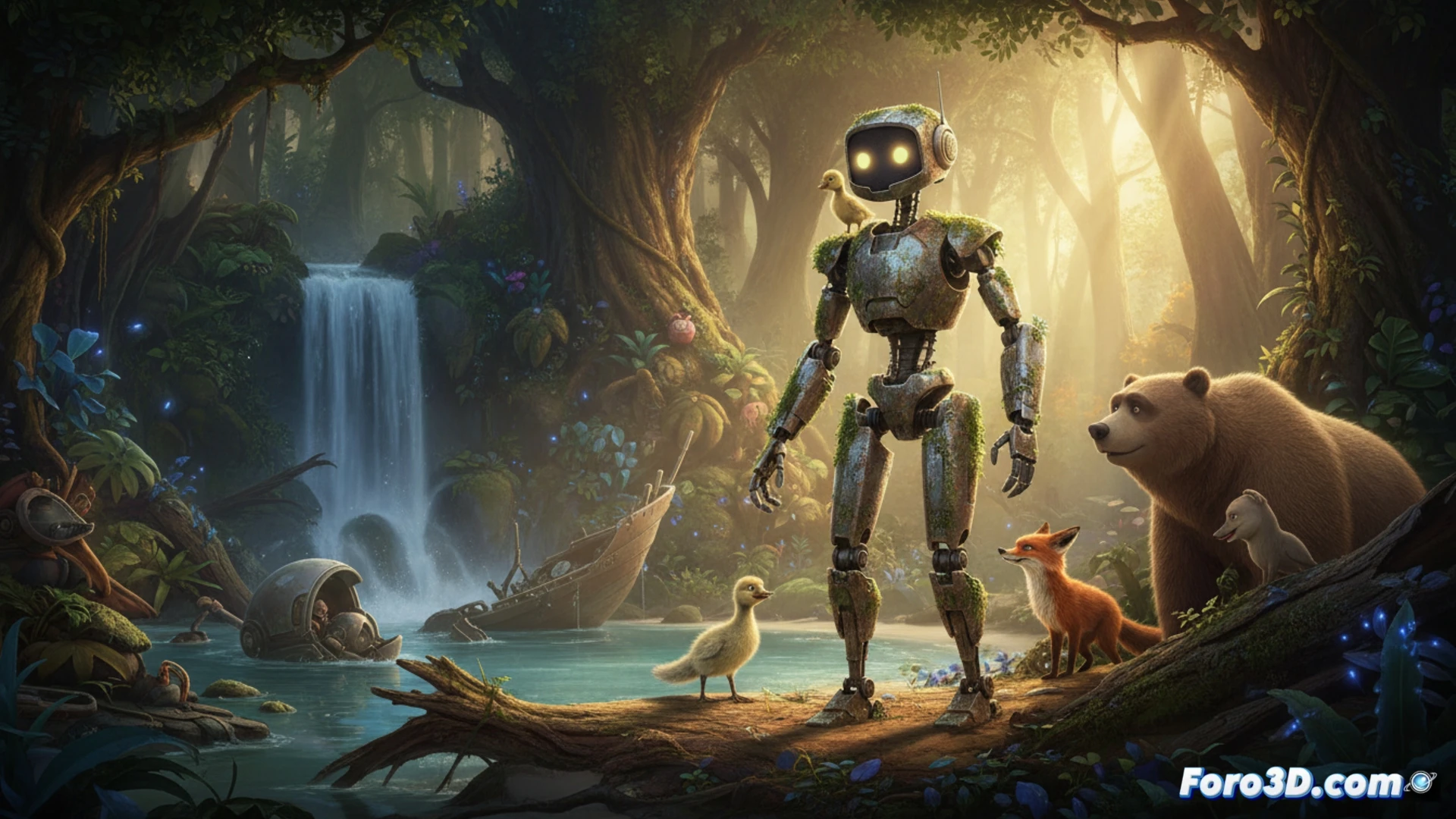 La robot Roz, con un cervatillo, observa desde un acantilado una isla salvaje y exuberante, bajo un cielo dramático al atardecer.