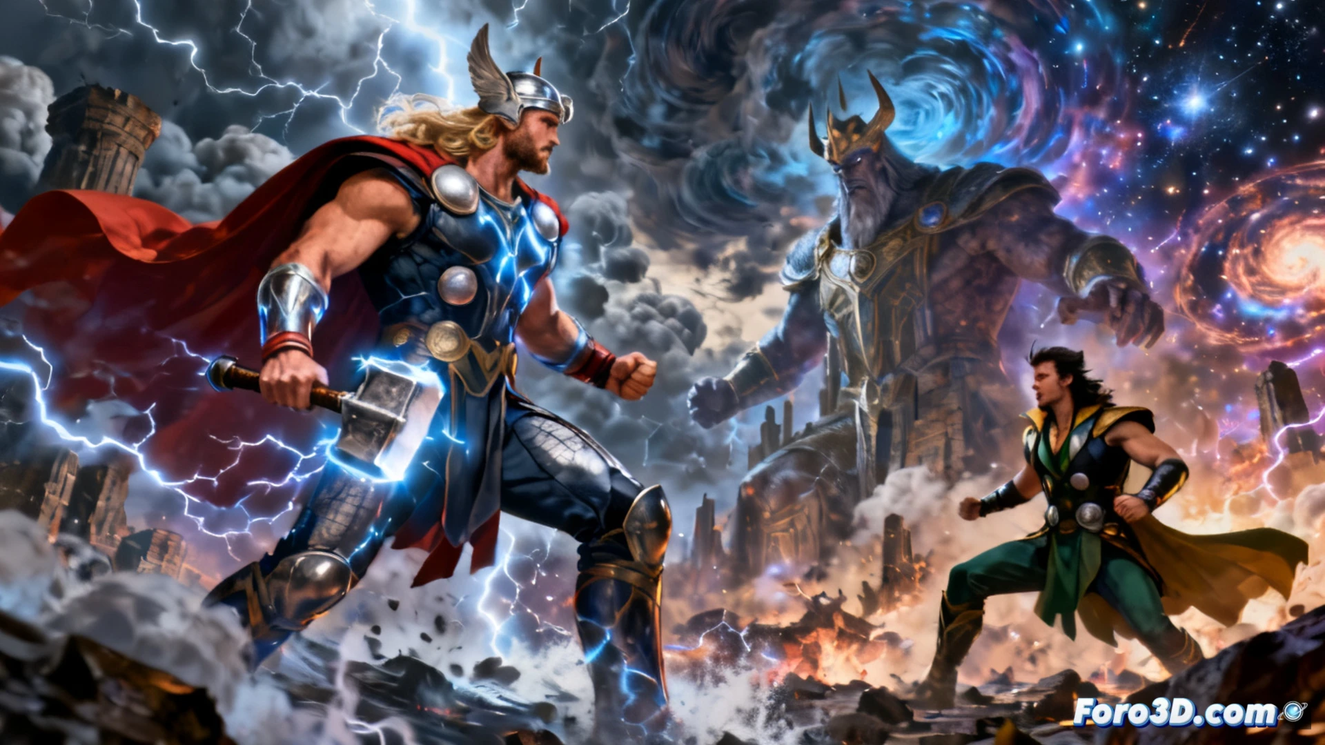 All-Storm Thor, torso desnudo y relámpagos cósmicos, flota sobre un cielo roto enfrentando a Loki entre tormentas divinas.