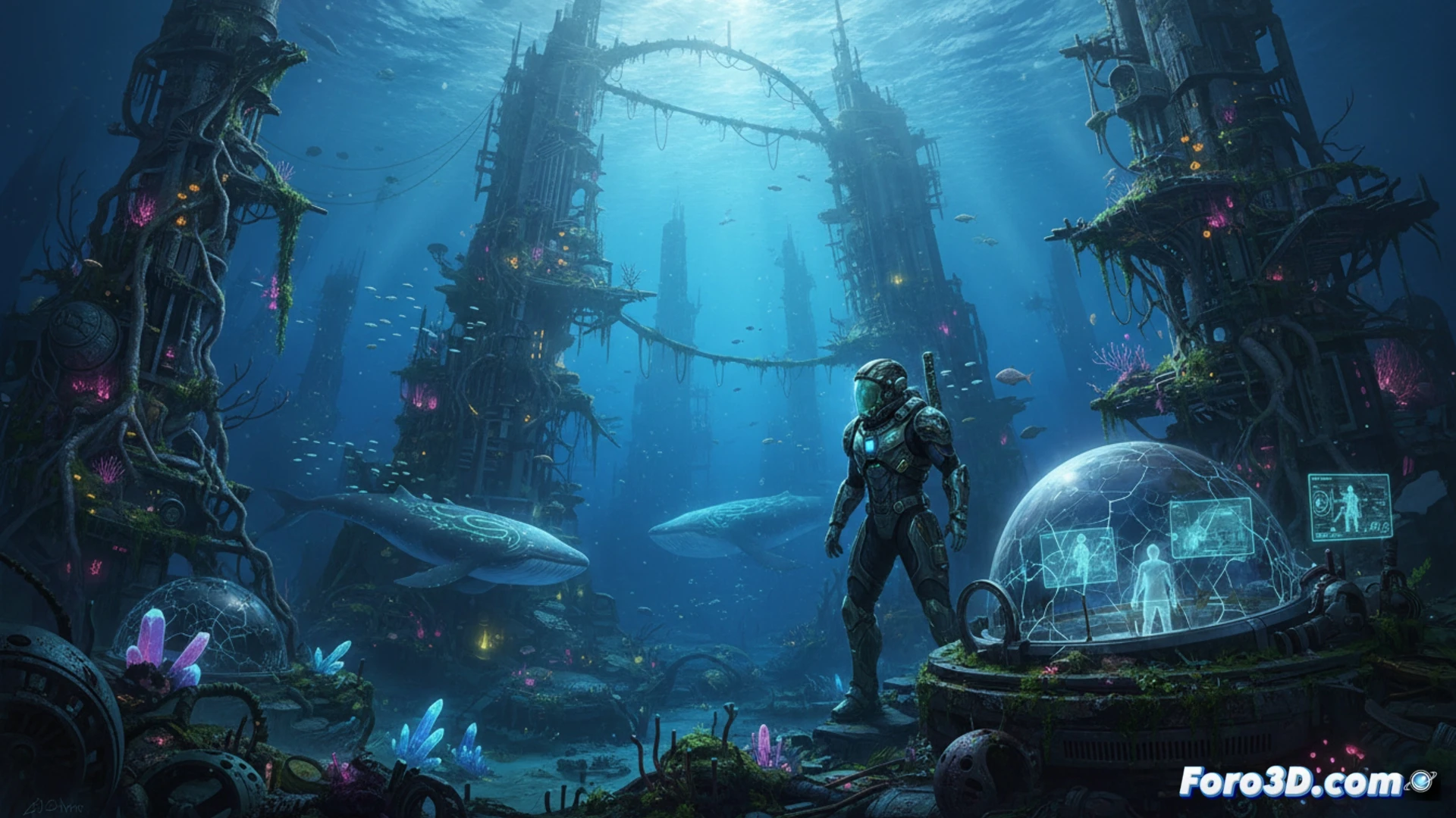 Un investigador explora un vasto y cambiante océano futurista desde su sumergible.