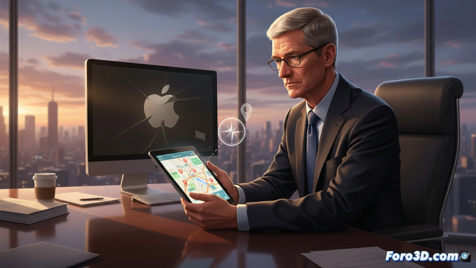 Tim Cook, en una reunión con John Ternus, señala un mapa defectuoso en un iPhone, reflejando el error de Apple Maps.