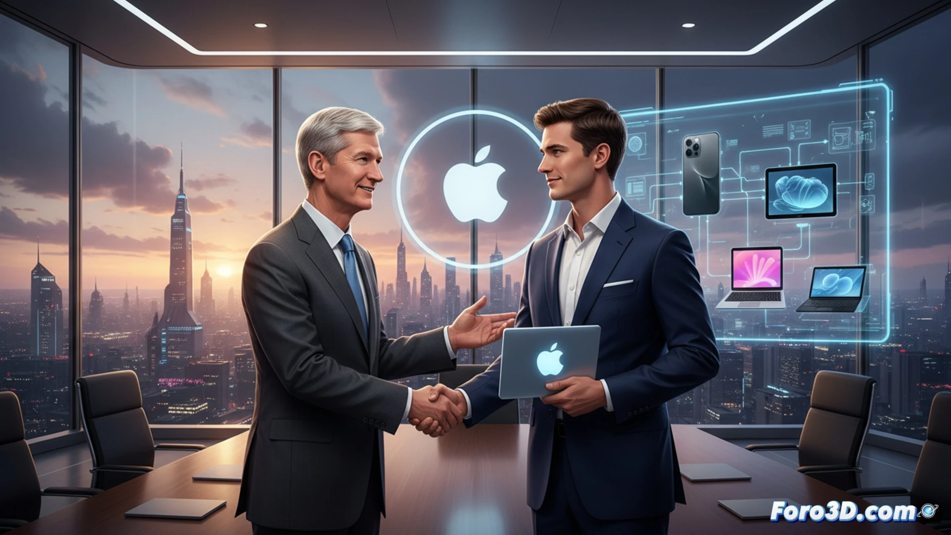 Tim Cook pasa el testigo a John Ternus en un evento de Apple, con ambos sonriendo ante un logo de la empresa.