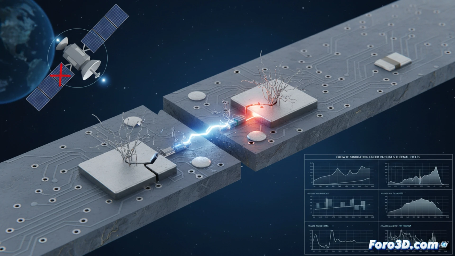 Imagen SEM de tin whiskers creciendo en soldadura de estaño en circuito de satélite, aumento 5000x