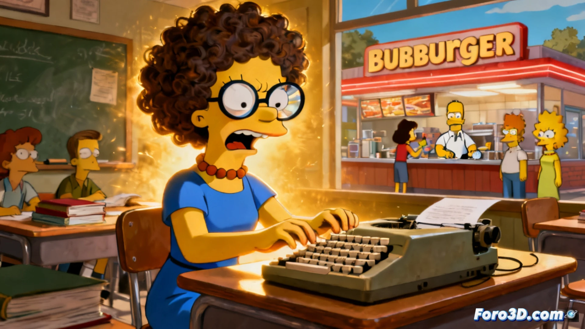 Tina Belcher, con su libreta, mira frustrada un teclado gigante mientras su profesor de mecanografía señala la pantalla.