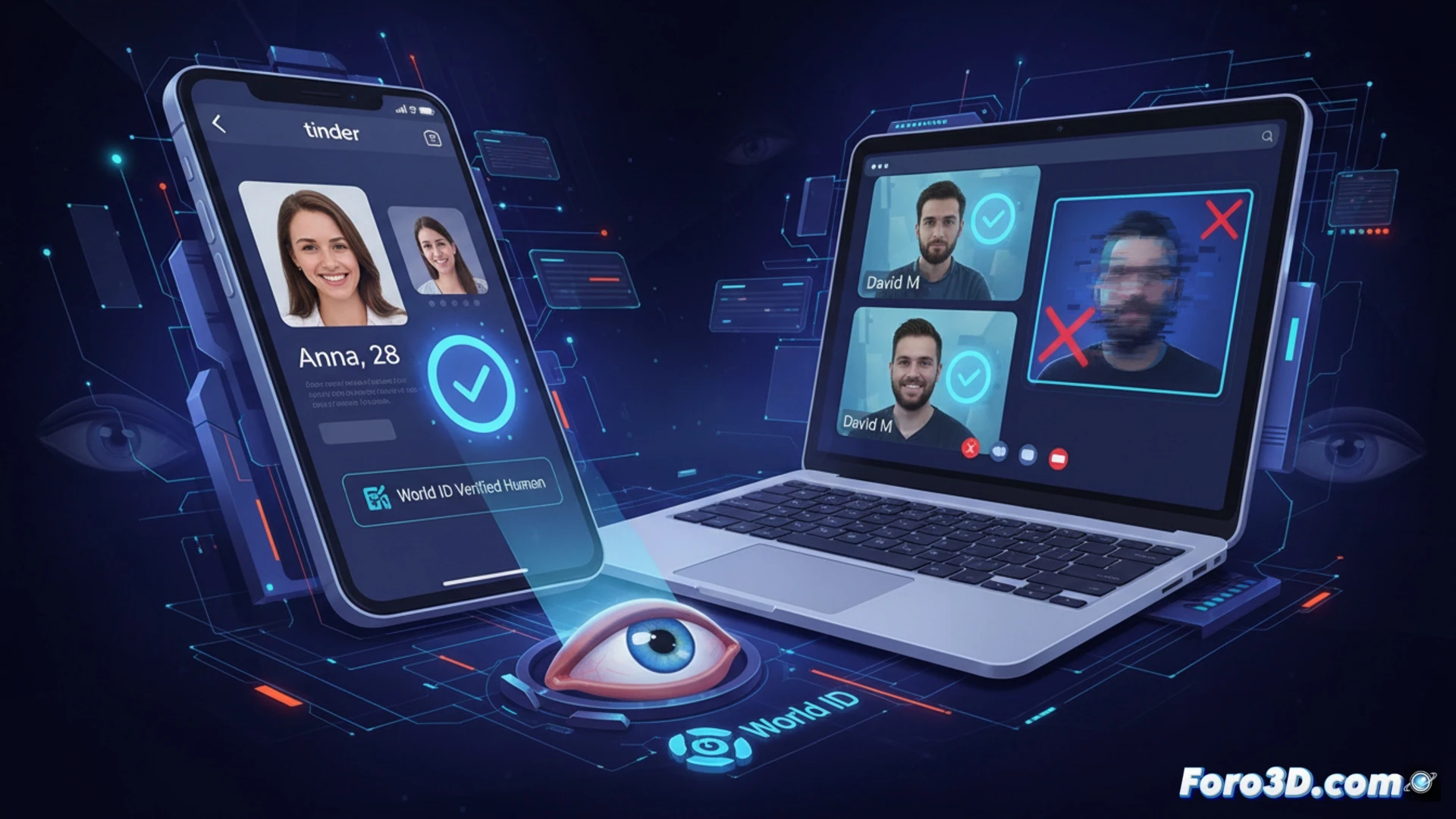 Una persona mira un dispositivo que escanea su iris, con los logos de Tinder y Zoom reflejados en su ojo.